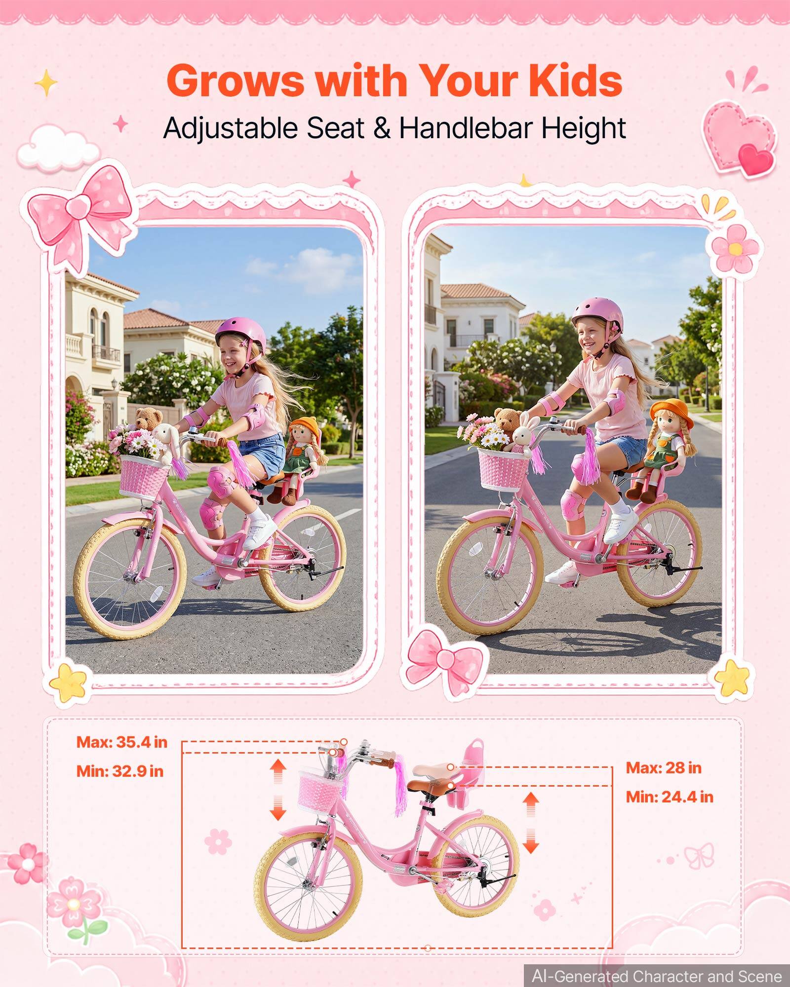 Grows with Your Kids  
Adjustable Seat & Handlebar Height  

Max: 35.4 in  
Min: 32.9 in  

Max: 28 in  
Min: 24.4 in  

AI-Generated Character and Scene