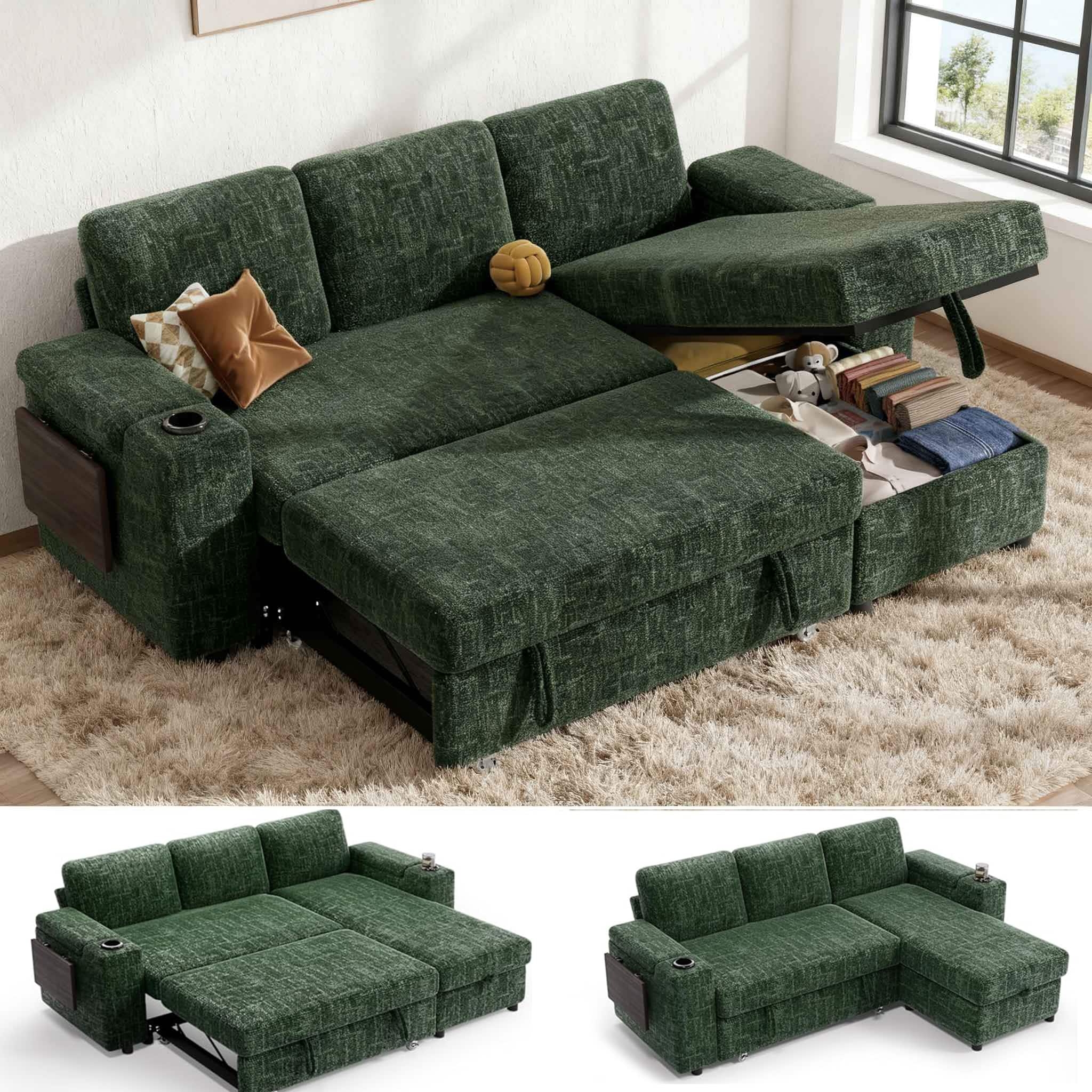 Dyonery - 85" Modular Sectional Sleeper Sofa with Pull Out Bed, 3 Seat L Shaped with Reclining Backrest,Chenille Green - Green