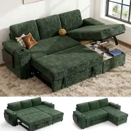Dyonery - 85" Modular Sectional Sleeper Sofa with Pull Out Bed, 3 Seat L Shaped with Reclining Backrest,Chenille Green - Green