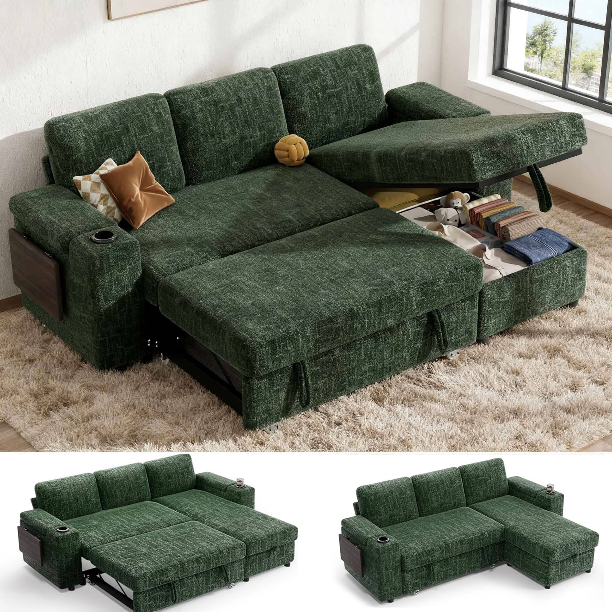 Front. Dyonery - Dyonery 85" Modular Sectional Sleeper Sofa with Pull Out Bed, 3 Seat L Shaped with Reclining Backrest,Chenille Green - Green.