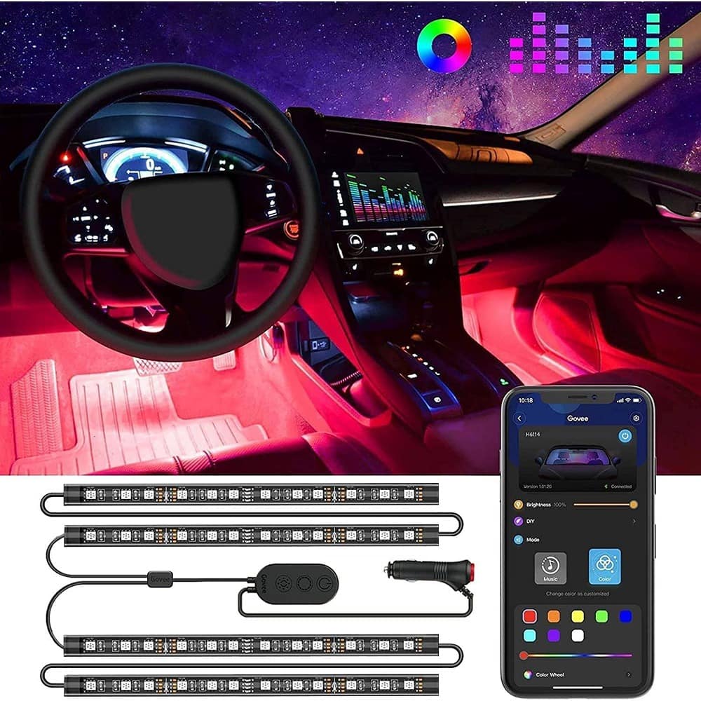 PARKER SLATER - Smart car interior LED lights with app control, DIY and music modes, 2-line design, 12V car charger - RGB
