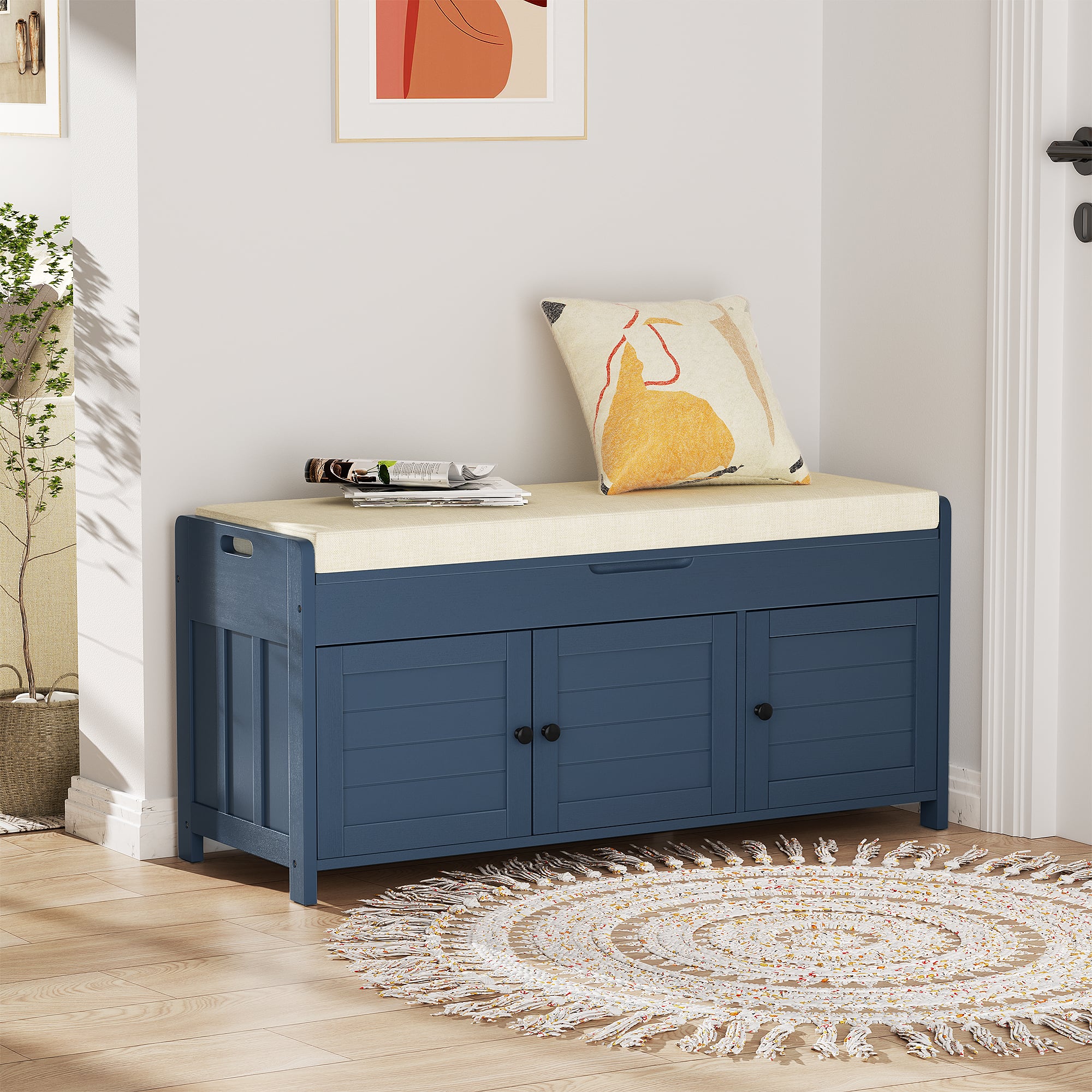 LOVMOR - 43.5-in W x 20-in H x 16-in D Storage Bench for Entryway with Cushion and Hidden Storage - Navy
