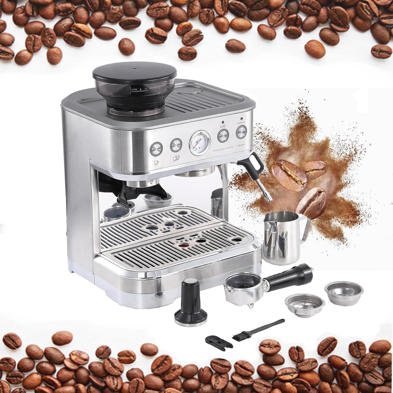 Acekool - 15 Bar Espresso Coffee Maker, with Milk Frother and Grinder - Silver
