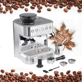 Acekool - 15 Bar Espresso Coffee Maker, with Milk Frother and Grinder - Silver