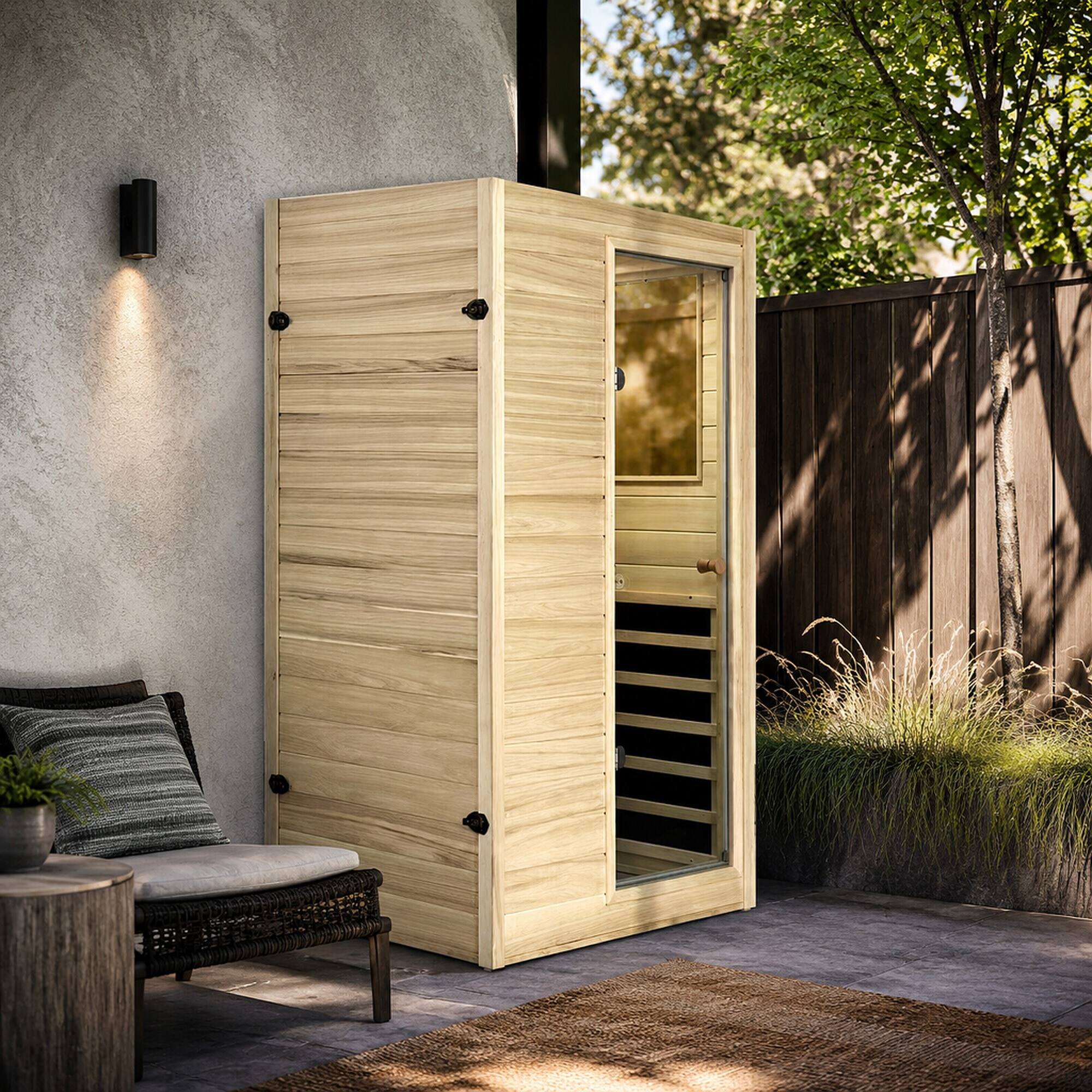 Left. RYHNUYNE - Far Infrared Sauna Room, 36.61 x 29.33 x 62.99 in, European Aspen Wood, 5 Heating Panels, 905W, Bluetooth Speaker - Natural Wood.