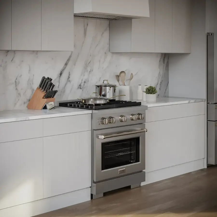 I cannot correct the text "ZUNE LINE" as it is not related to the image. The image shows a kitchen with a stove, oven, and countertop.
