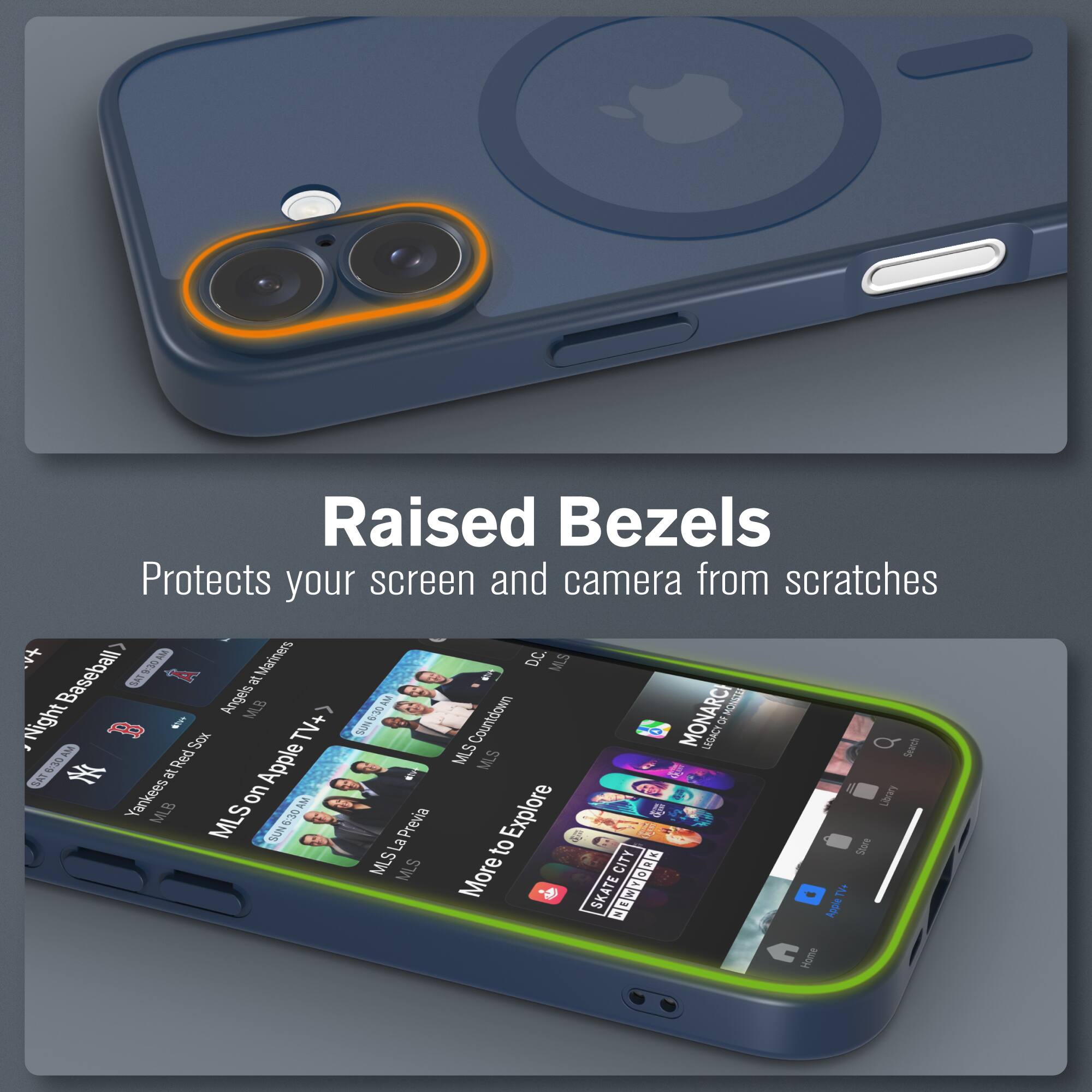 Raised Bezels  
Protects your screen and camera from scratches  

Baseball  
Man Manners DC MLS 5  
Angels MLB 6305  
Countdown MONARCI TCH Night  
TV+  
B B S UNSACY  
Sox MLS Q  
Search # Red Apple MLS SAT  
Yankees on AM  
LIn MLB MLS S2N 2  
La Previa to Explore  
MLS More CITY SKATE  
AppleTV  
Home