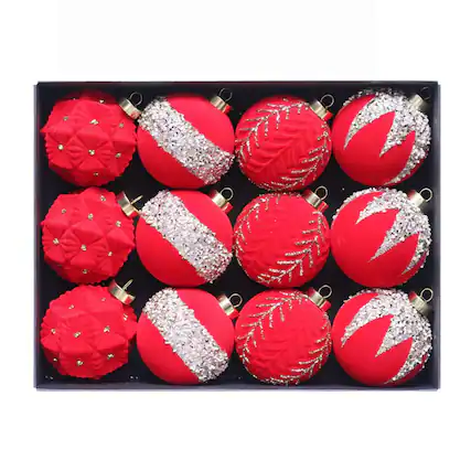 Front. Acekool - 12PCS Christmas Ball Ornaments Shatterproof Flocked Xmas Tree Hanging Decorations for Holiday Wedding Party (Red) - Red.