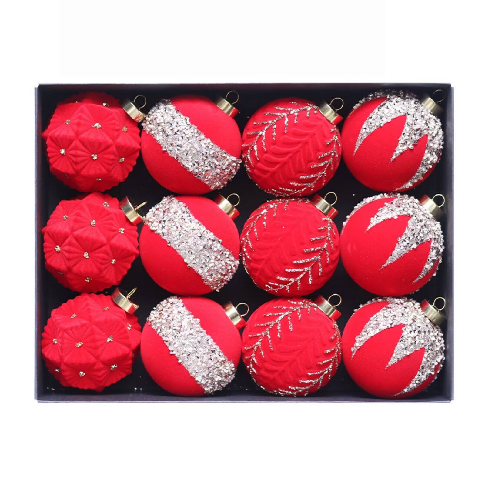 Front. Acekool - 12PCS Christmas Ball Ornaments Shatterproof Flocked Xmas Tree Hanging Decorations for Holiday Wedding Party (Red) - Red.