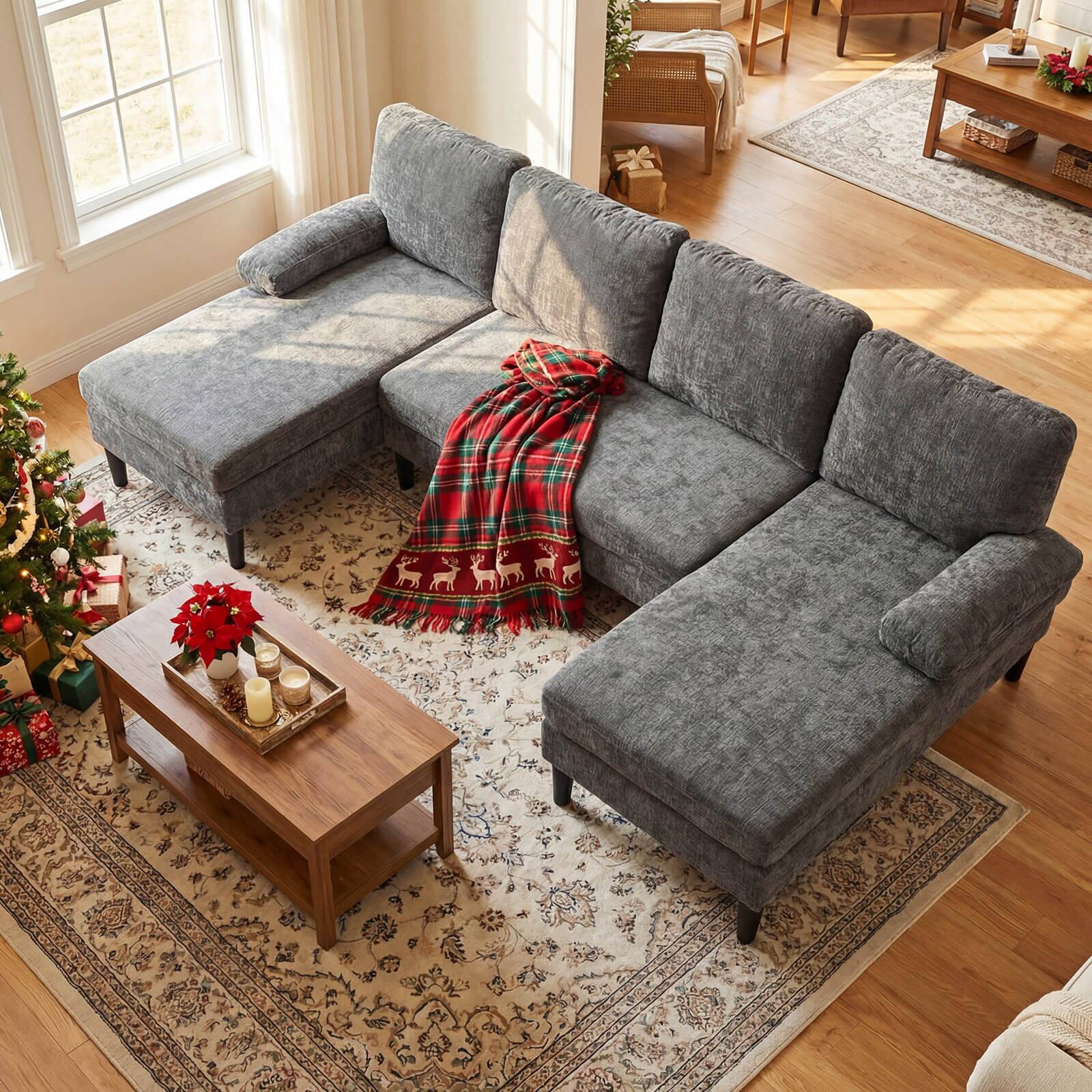 Alt View 4. Costway - Costway Sectional Couch, Chenille Upholstered Sofa Couch with Double Chaise for Home Office - Gray.