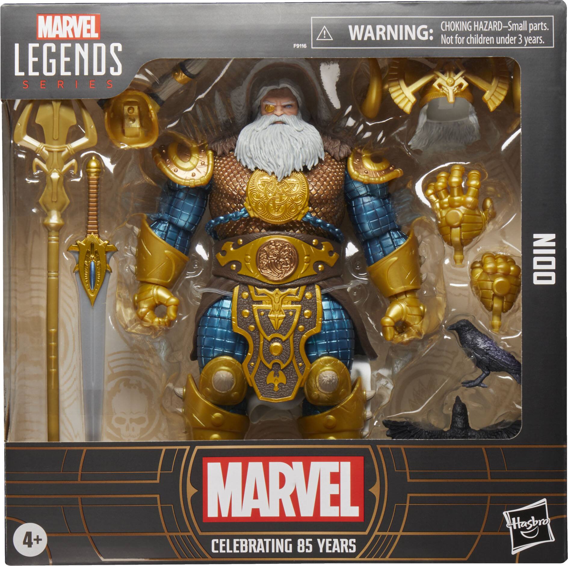The text on the image reads: "MARVEL LEGENDS SERIES F9T1 CHOKING HAZARD-Small parts. WARNING: Not for children under 3 years. ODIN 4+ MARVEL CELEBRATING 85 YEARS Hasbro."