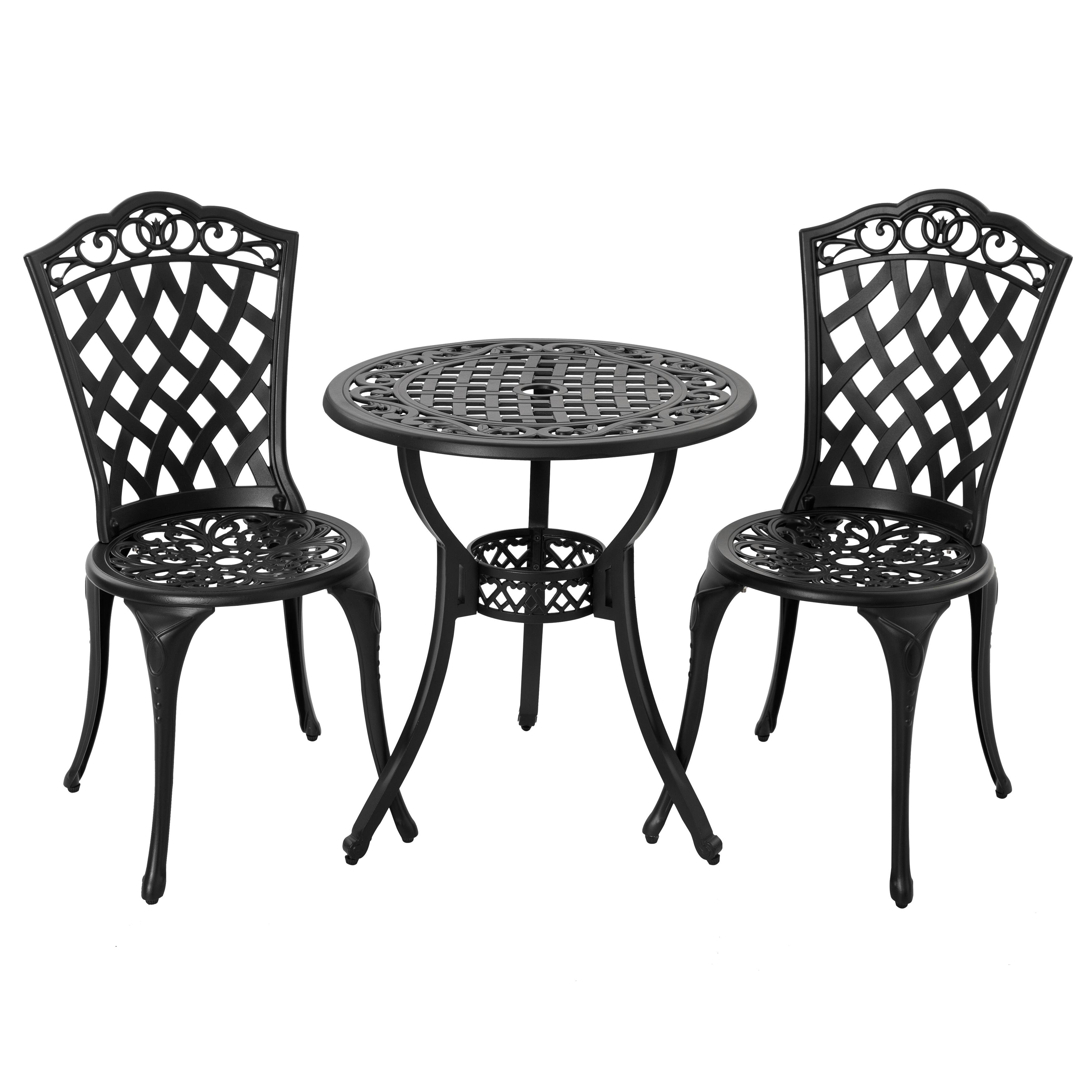 Front. Nuu Garden - 3-Piece Round Patio Bistro Set，Cast Aluminum Bistro Table with Umbrella Hole and Chairs Set of 2 - black.