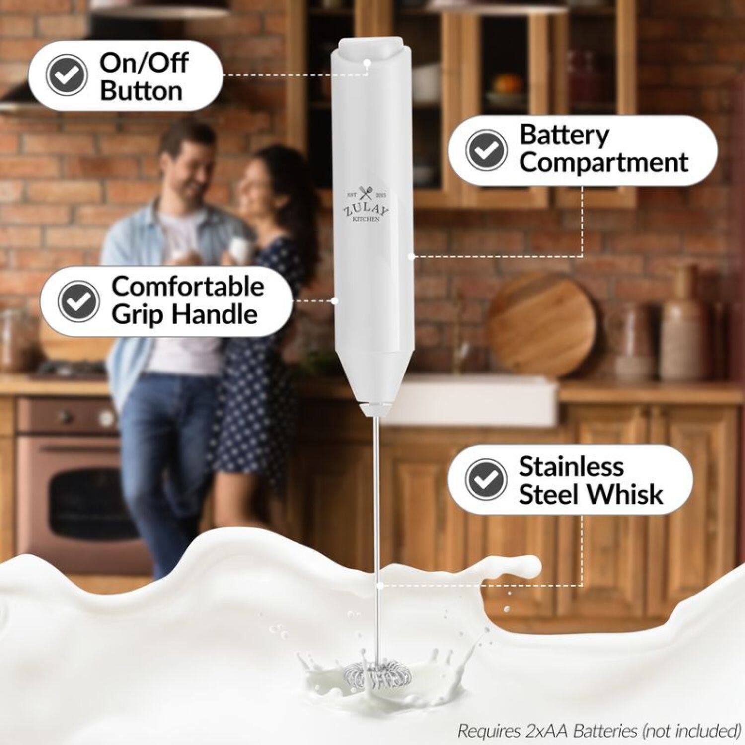 On/Off Button, Comfortable Grip Handle, Battery Compartment, Stainless Steel Whisk, Requires 2xAA Batteries (not included)