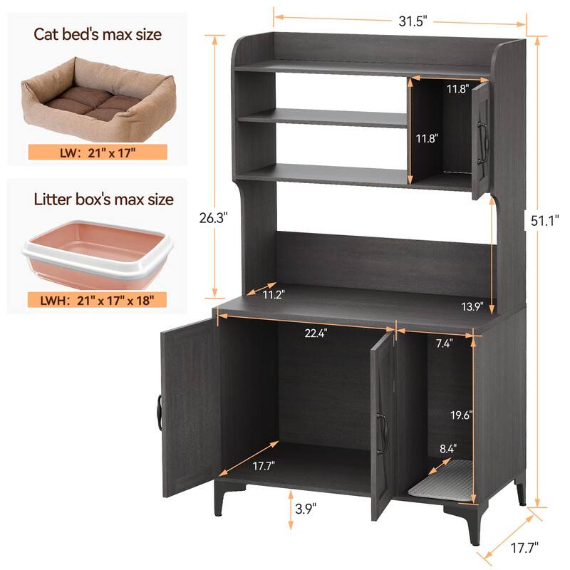 Cat bed's max size  
LW: 21" x 17"  

Litter box's max size  
LWH: 21" x 17" x 18"  

Dimensions of the shelf unit:  
- Height: 51.1"  
- Width: 31.5"  
- Depth: 17.7"  
- Bottom shelf depth: 17.7"  
- Bottom shelf height: 3.9"  
- Bottom shelf width: 22.4"  
- Bottom shelf depth: 19.6"  
- Bottom shelf height: 8.4"  
- Middle shelf height: 11.2"  
- Middle shelf depth: 13.9"  
- Middle shelf width: 7.4"  
- Top shelf height: 11.8"  
- Top shelf depth: 11.8"