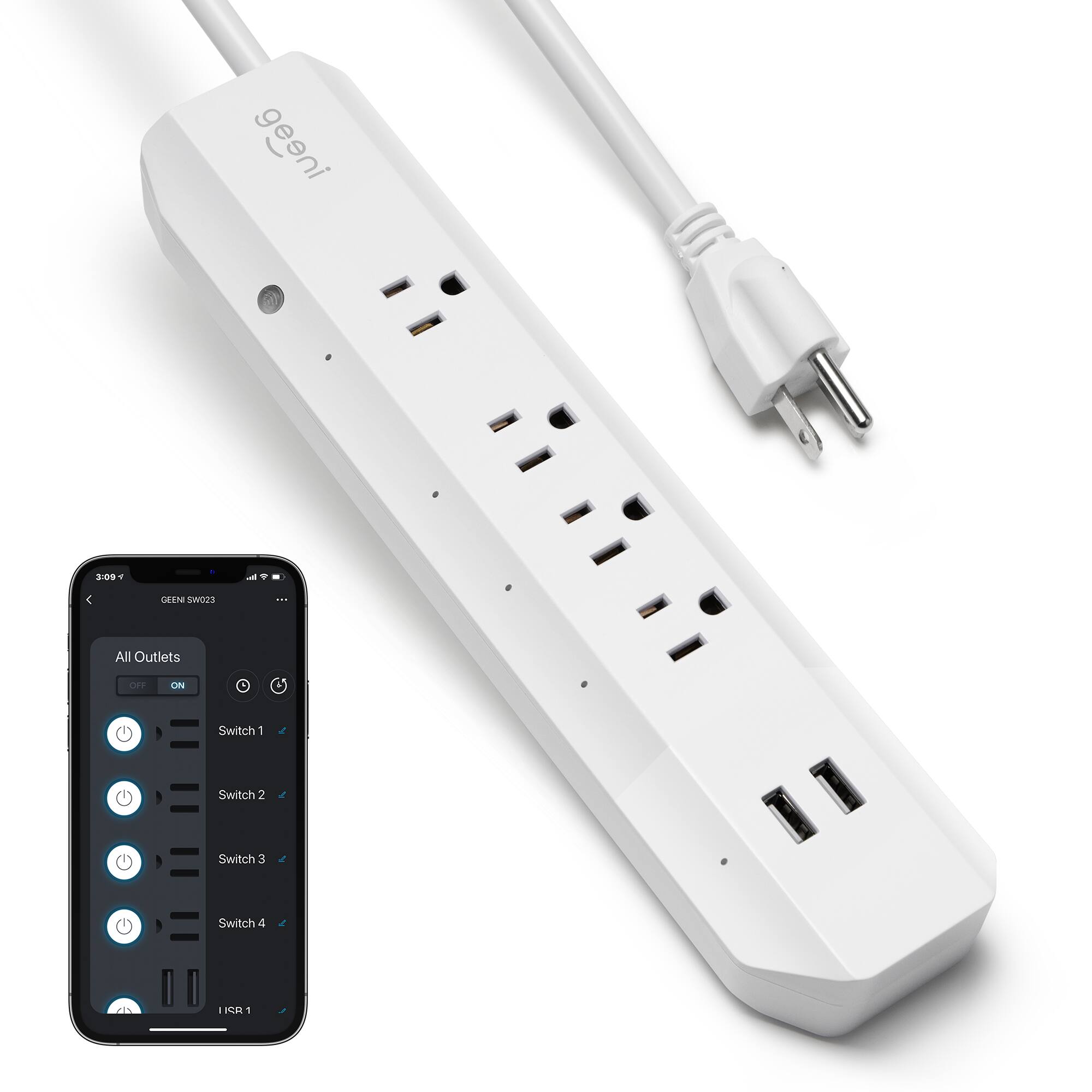 Front. Geeni - 4 Outlet/2USB 460 Joules Surge Protector Strip - White.