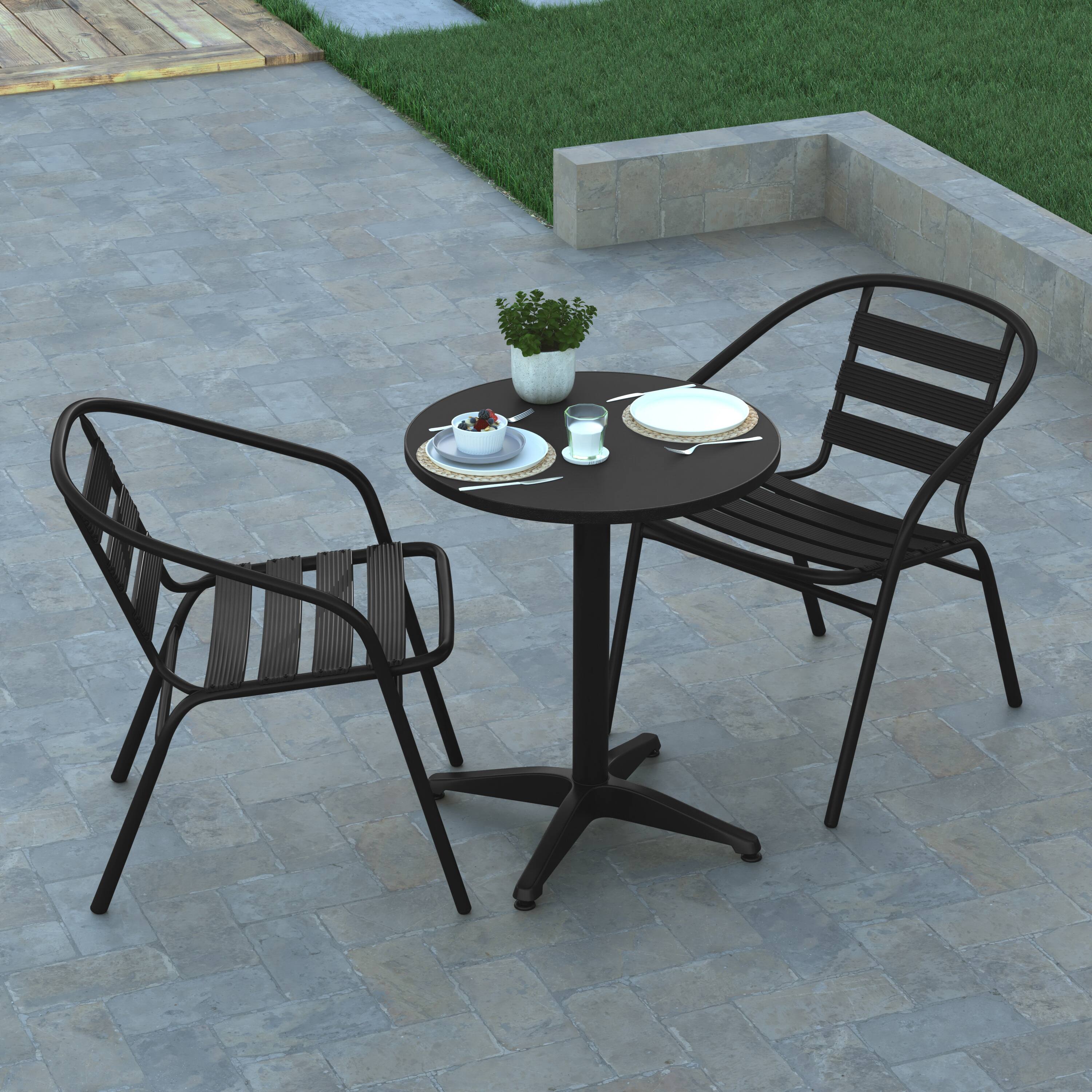 Alt View 4. Emma + Oliver - 23.5'' Round Aluminum Indoor-Outdoor Table Set with 2 Slat Back Chairs - Black.