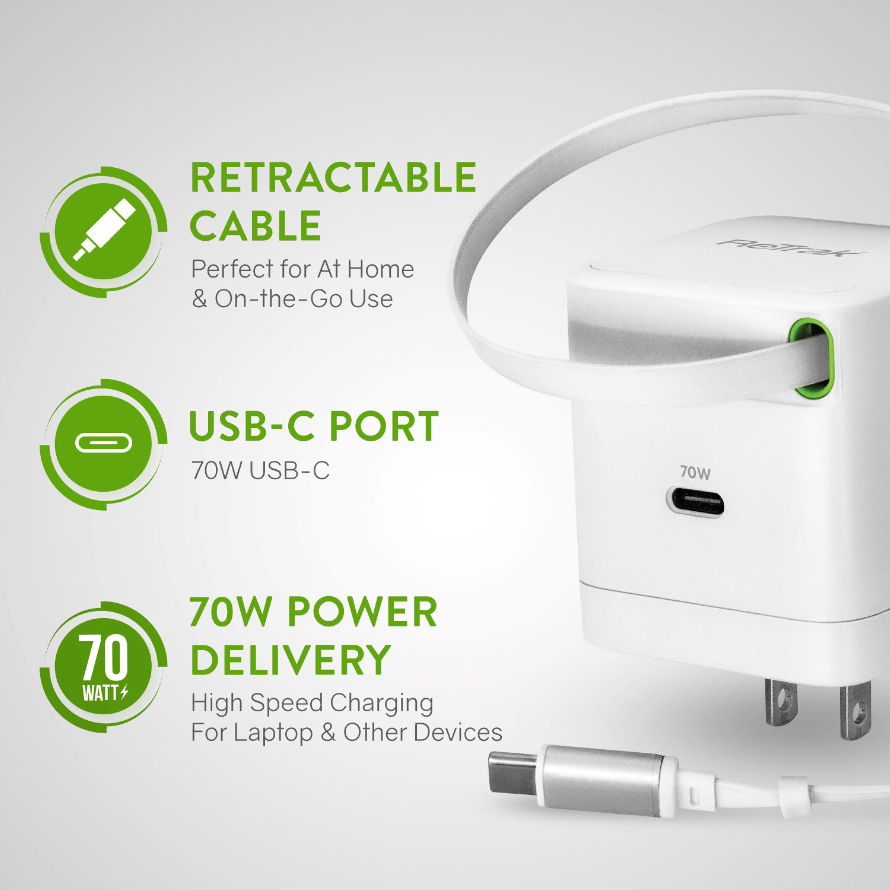 RETRACTABLE CABLE  
Perfect for At Home & On-the-Go Use  

USB-C PORT  
70W USB-C  

70W POWER DELIVERY  
High Speed Charging For Laptop & Other Devices