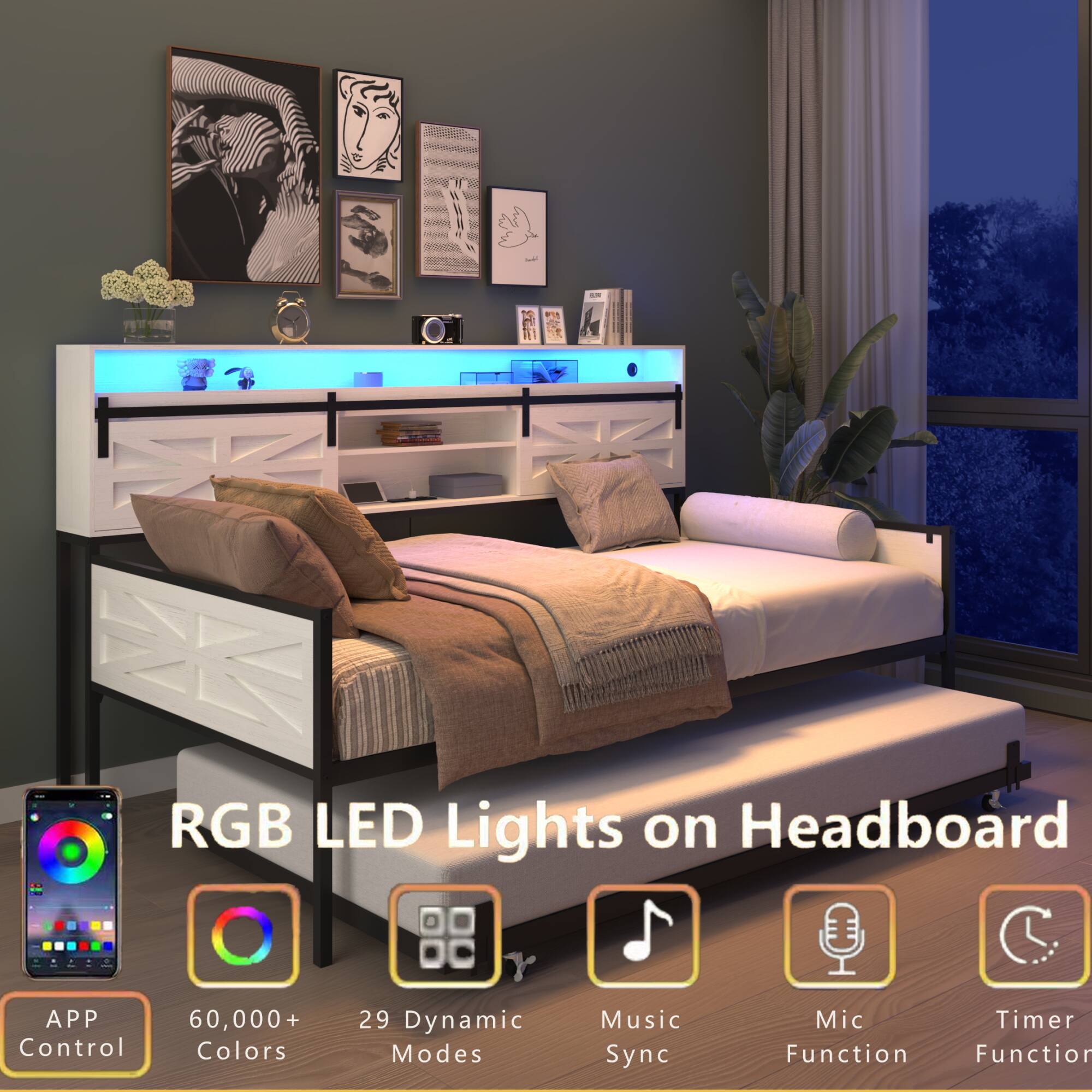 RGB LED Lights on Headboard

- APP Control
- 60,000+ Colors
- 29 Dynamic Modes
- Music Sync
- Mic Function
- Timer Function