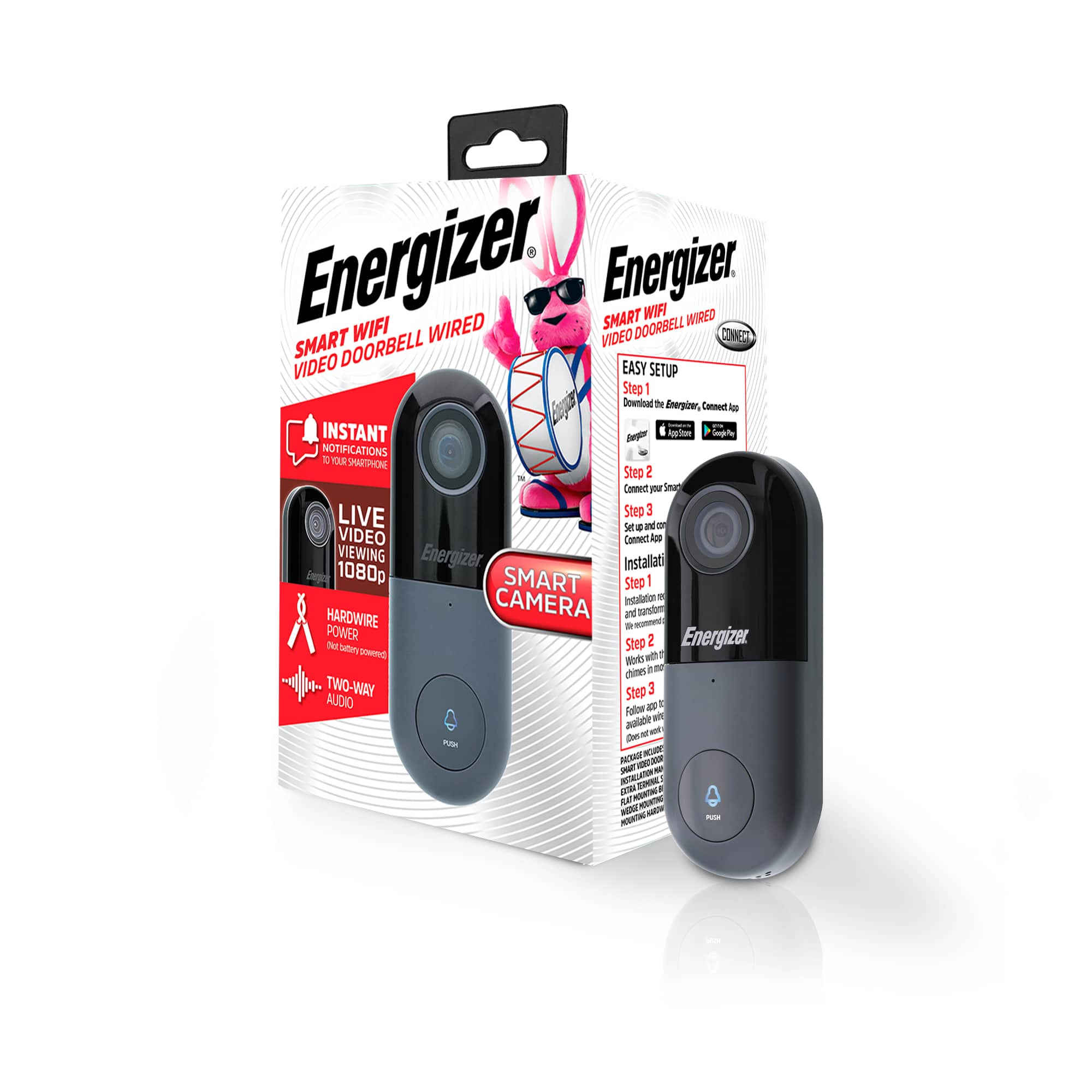Energizer - Connect Smart 1080p Hard Wired Video Doorbell, 2-Way Audio, Cloud Storage, Remote Access, Night Vision - Black
