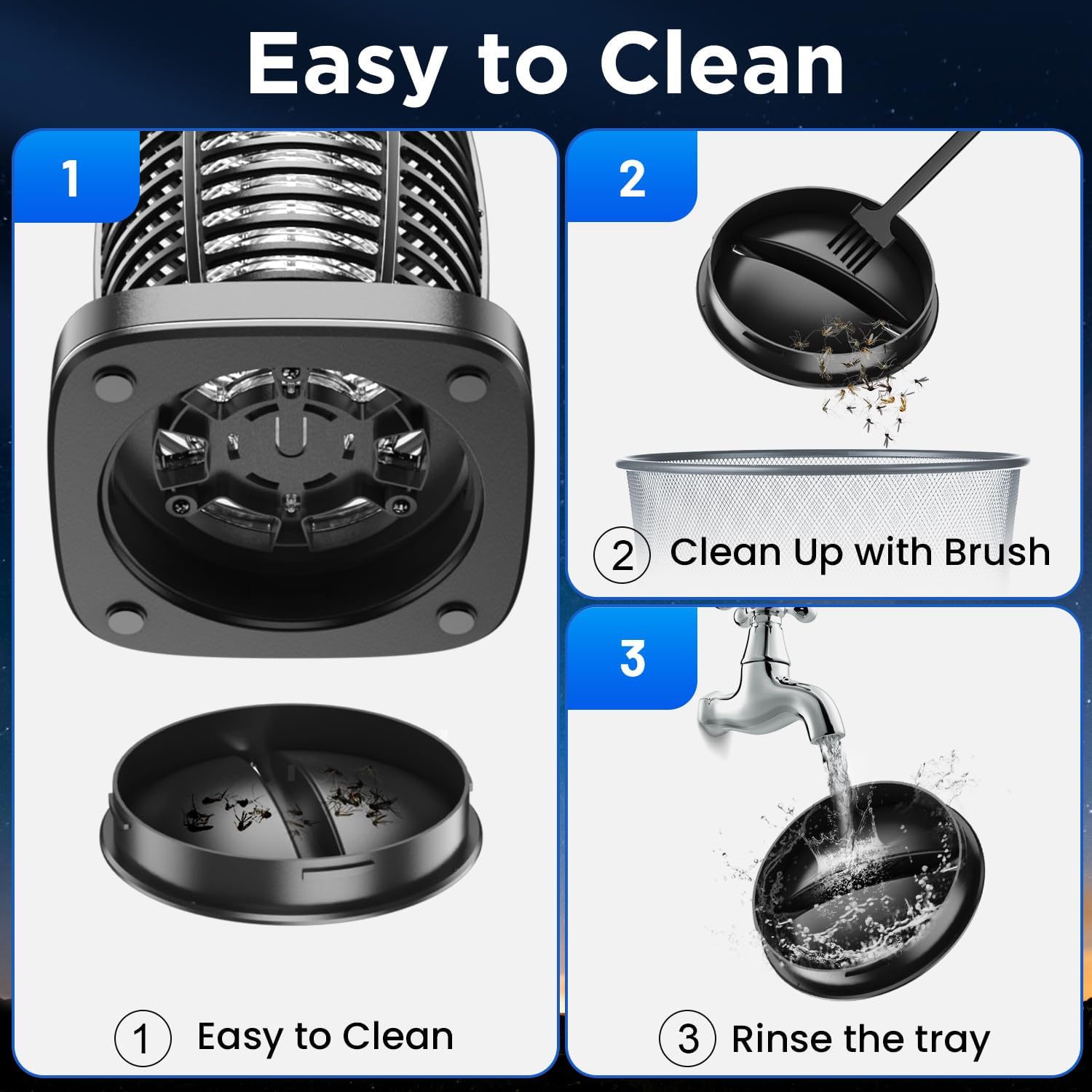 1. Easy to Clean  
2. Clean Up with Brush  
3. Rinse the tray