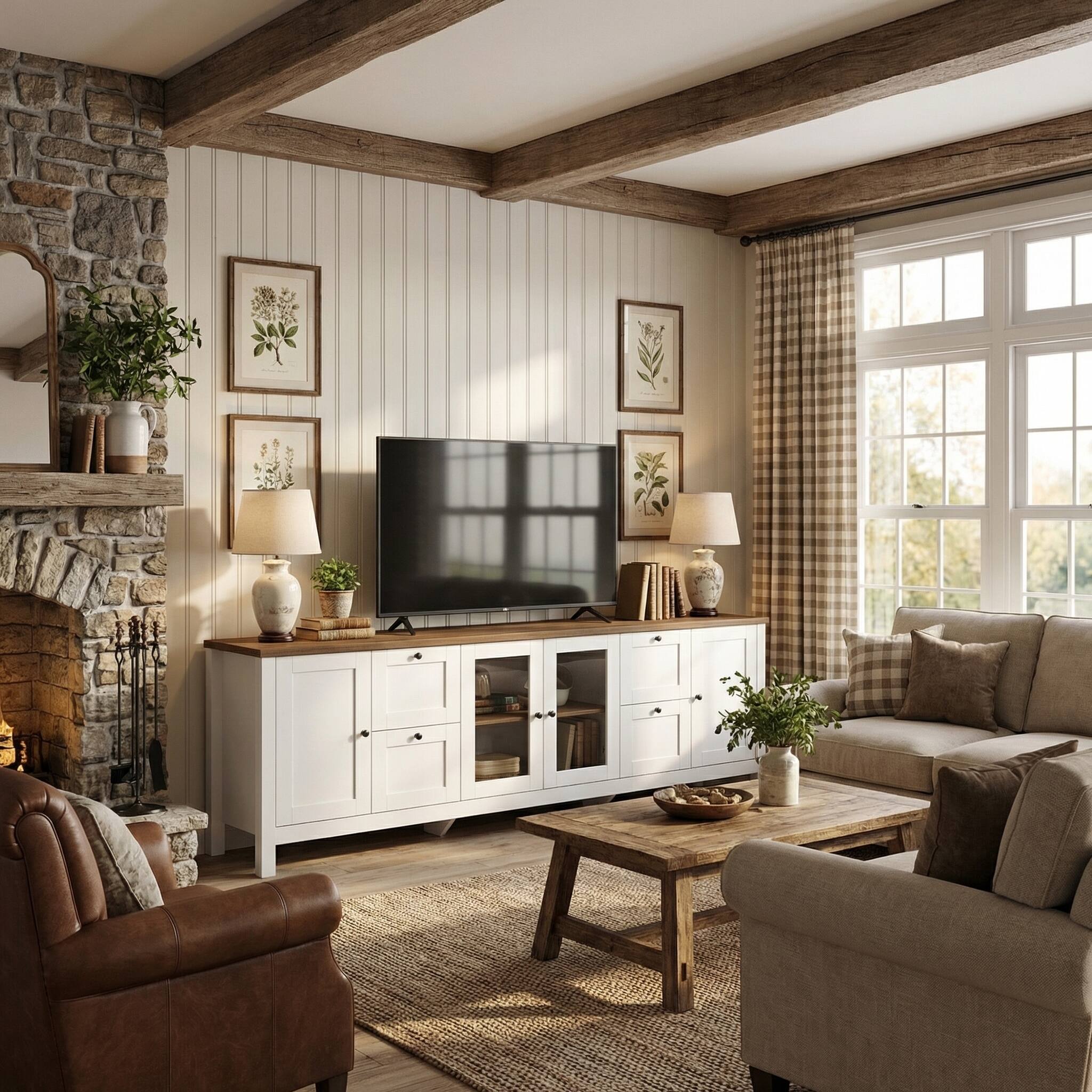 Left. Famapy - 90.6" Farmhouse TV Stand for 85 Inch TV, Glass Doors, Adjustable Shelves, 10-Compartment Storage - White & Wooden.