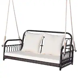 Gymax - Wicker Porch Swing 2-Person Outdoor Patio Hanging Chair w/ Cushions Mix Brown - Mix Brown, White