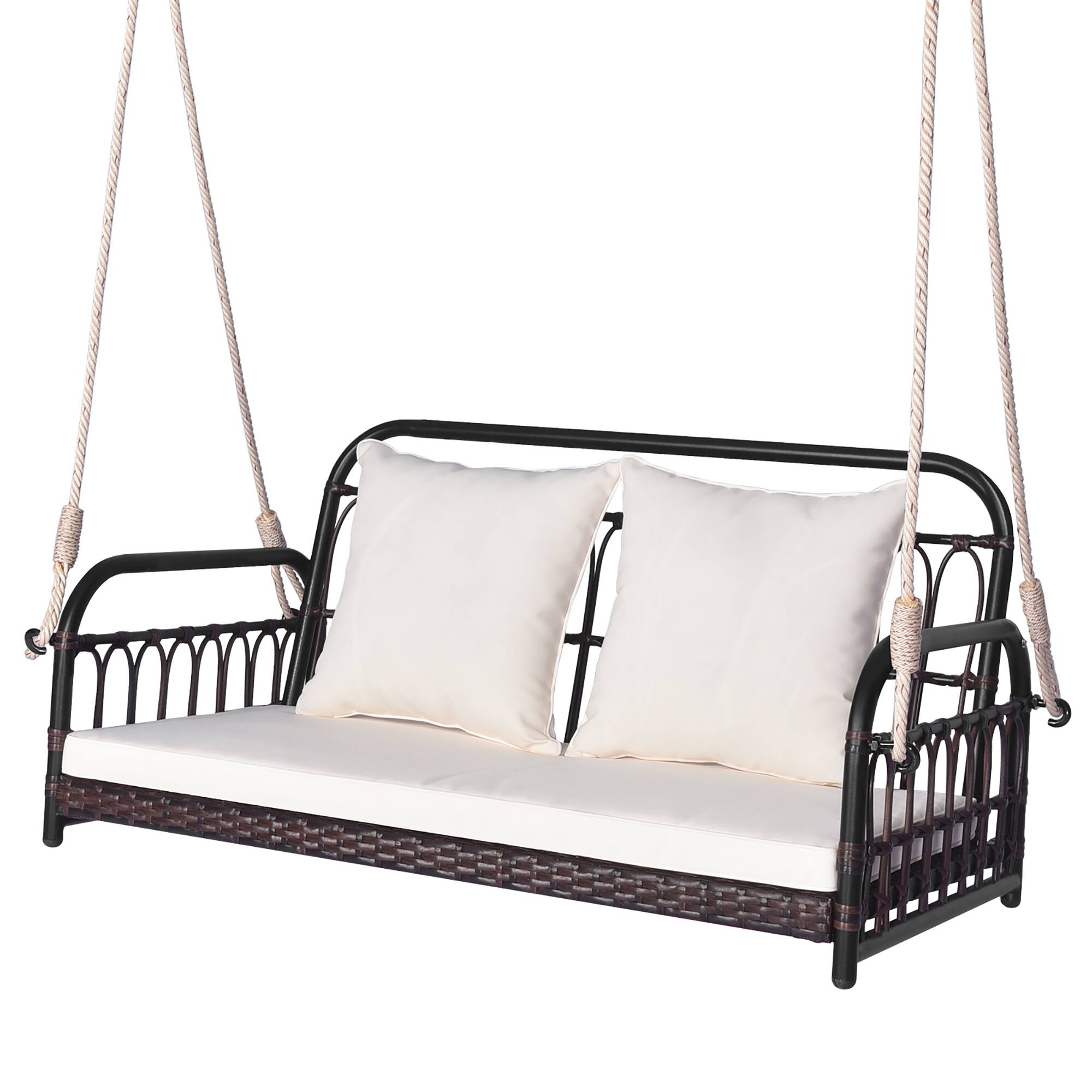Front. Gymax - Gymax Wicker Porch Swing 2-Person Outdoor Patio Hanging Chair w/ Cushions Mix Brown - Mix Brown, White.