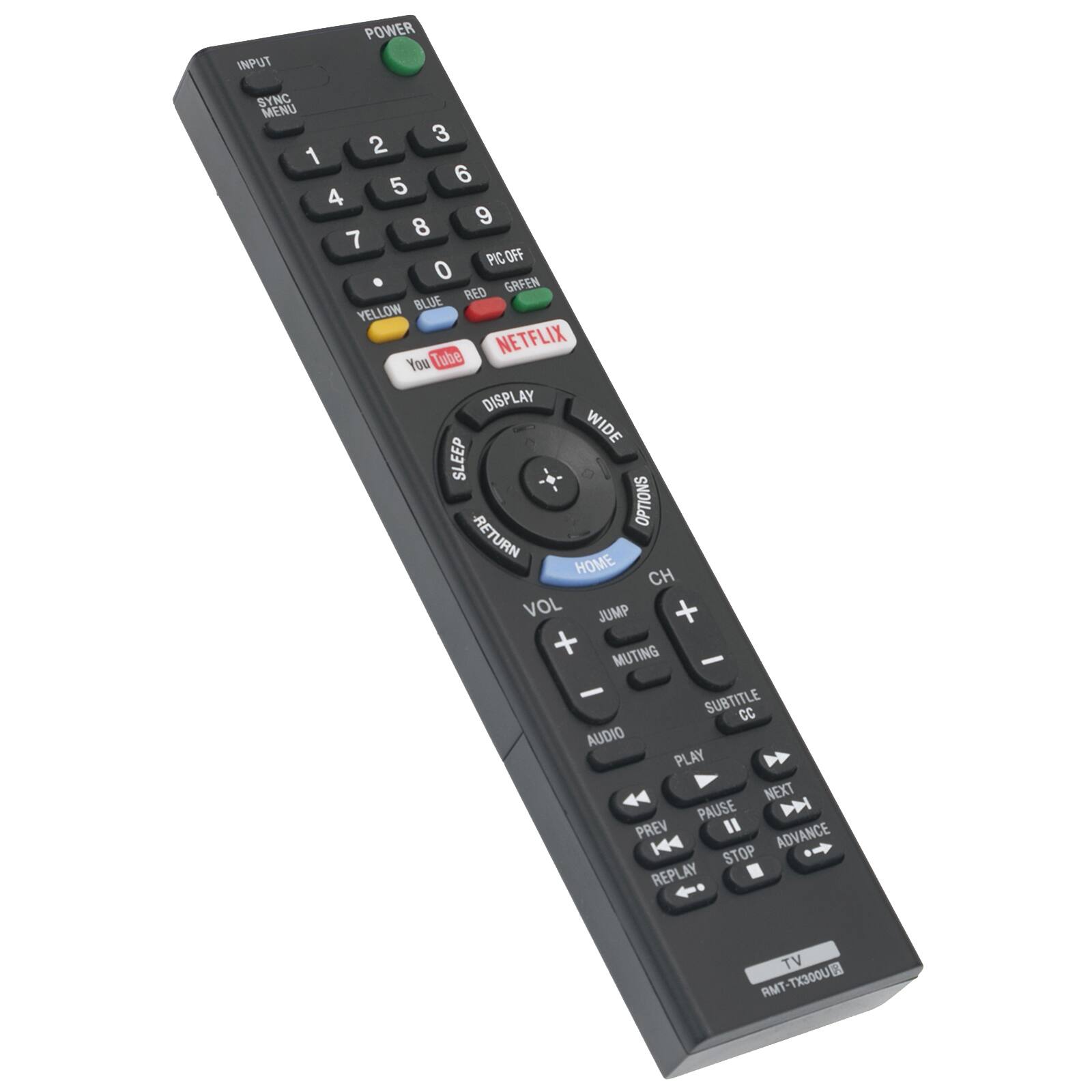 INPUT POWER SYNC MENU 1 2 3 4 5 6 7 8 9 0 PICOFF GRFEN BLUE REO YELLOW NETFLIX You Tube DISPLAY WIDE SLEEP OPTIONS RETURN HOME CH VOL JUMP + + MUTING - - SUBTITLE CC AUDIO PLAY NEXT PAUSE D PREV " ADVANCE H4 STOP REPLAY . TV RMT-TX300U