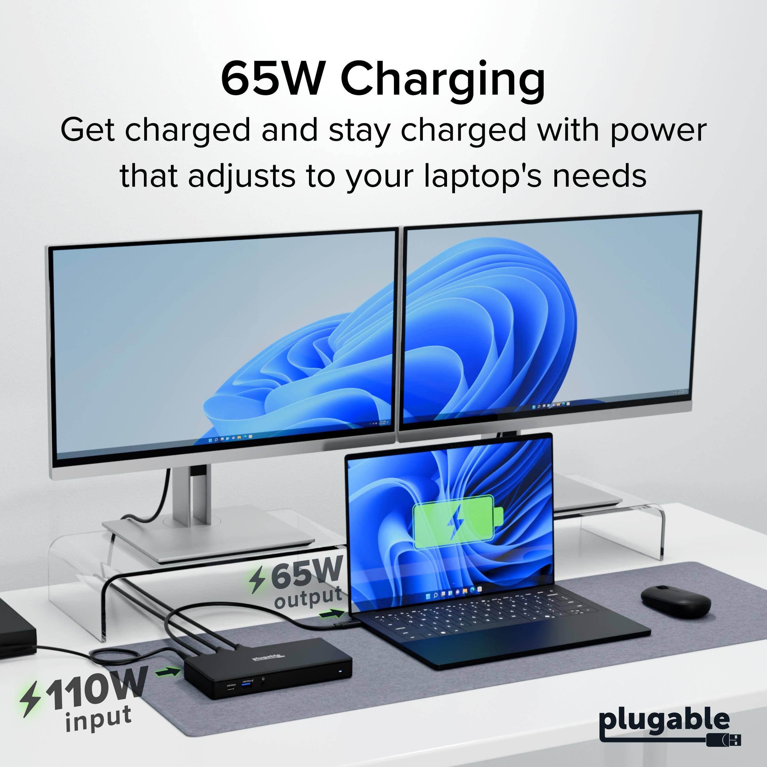65W Charging  
Get charged and stay charged with power that adjusts to your laptop's needs  
65W output  
110W input  
plugable
