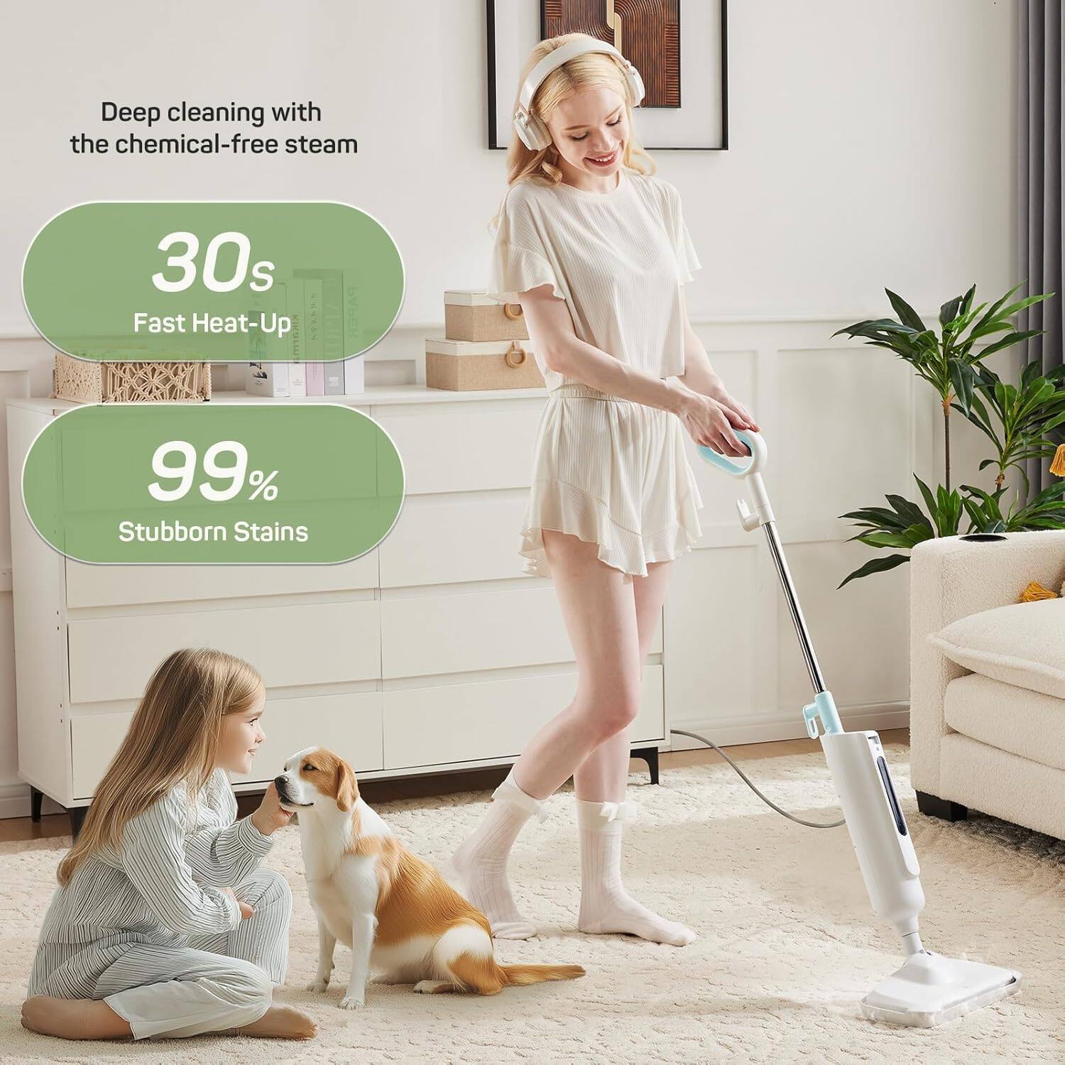 Deep cleaning with the chemical-free steam

30s Fast Heat-Up

99% Stubborn Stains