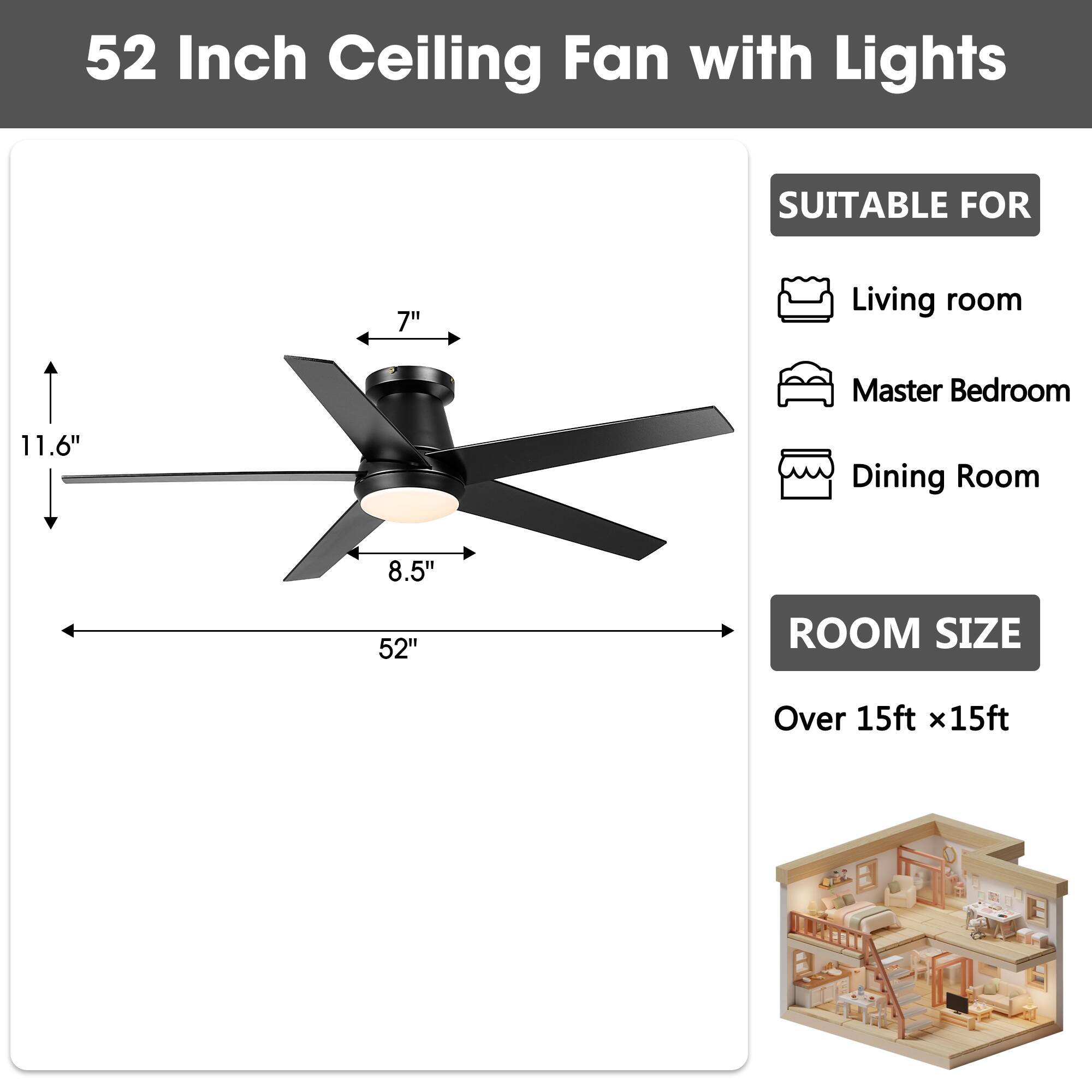 52 Inch Ceiling Fan with Lights

SUITABLE FOR
- Living room
- Master Bedroom
- Dining Room

ROOM SIZE
Over 15ft x 15ft