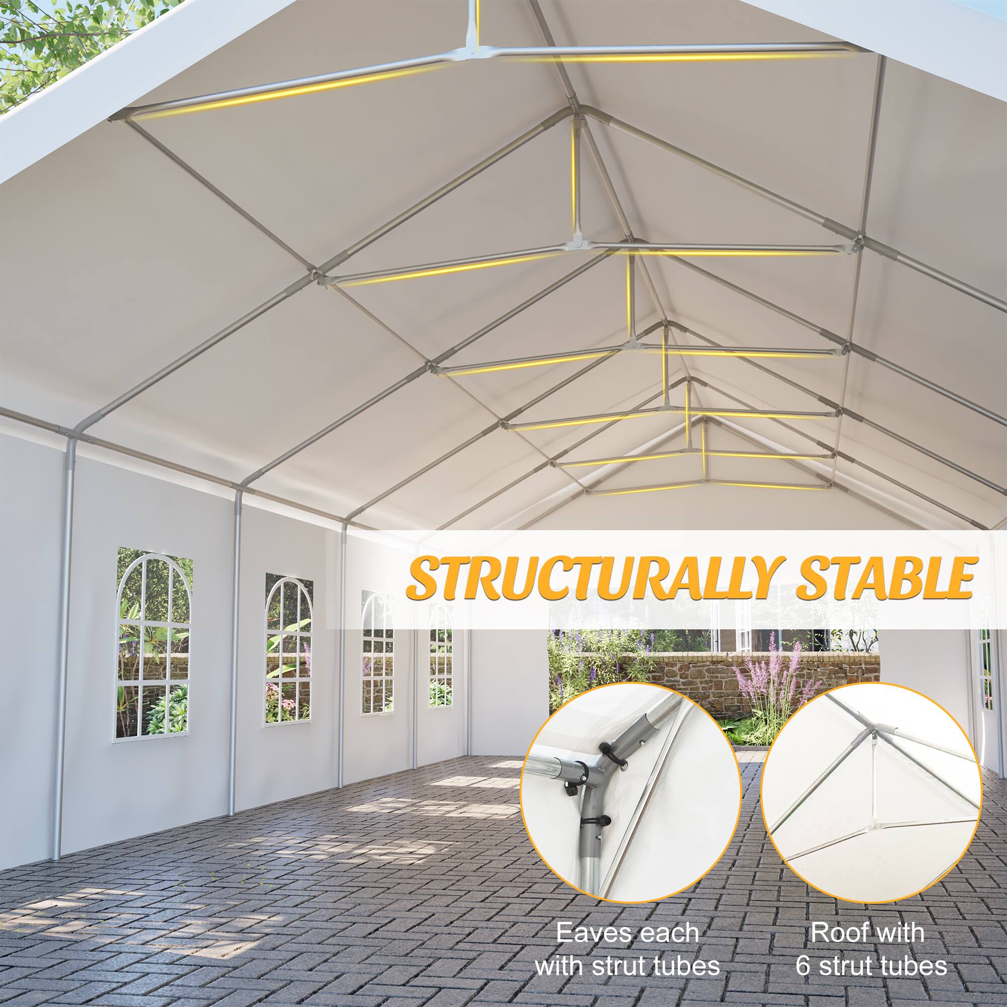 STRUCTURALLY STABLE  
Eaves each with strut tubes  
Roof with 6 strut tubes