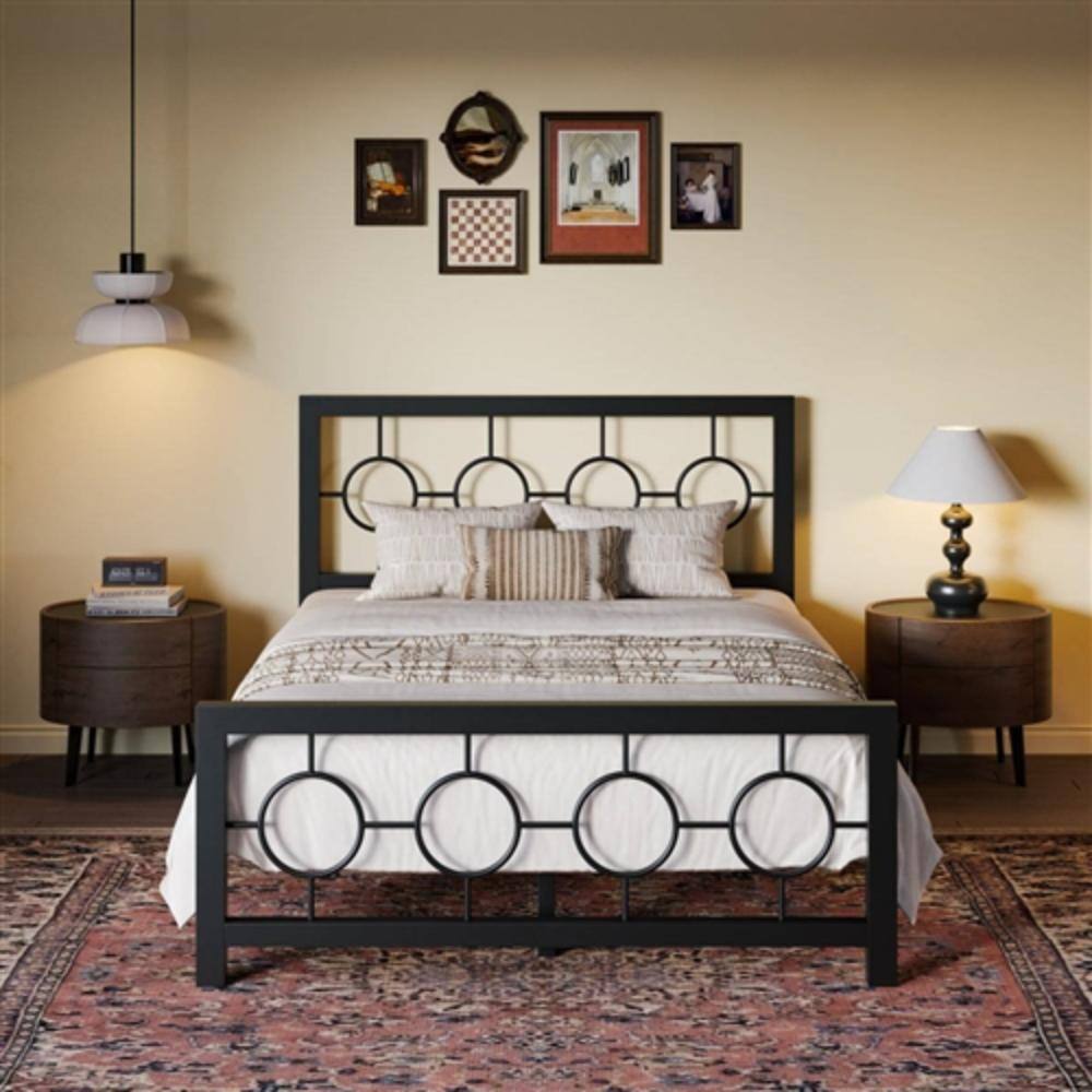 Angle. Hivvago - Full Black Metal Platform Bed Frame with Circle Medallion Headboard Footboard - Black.