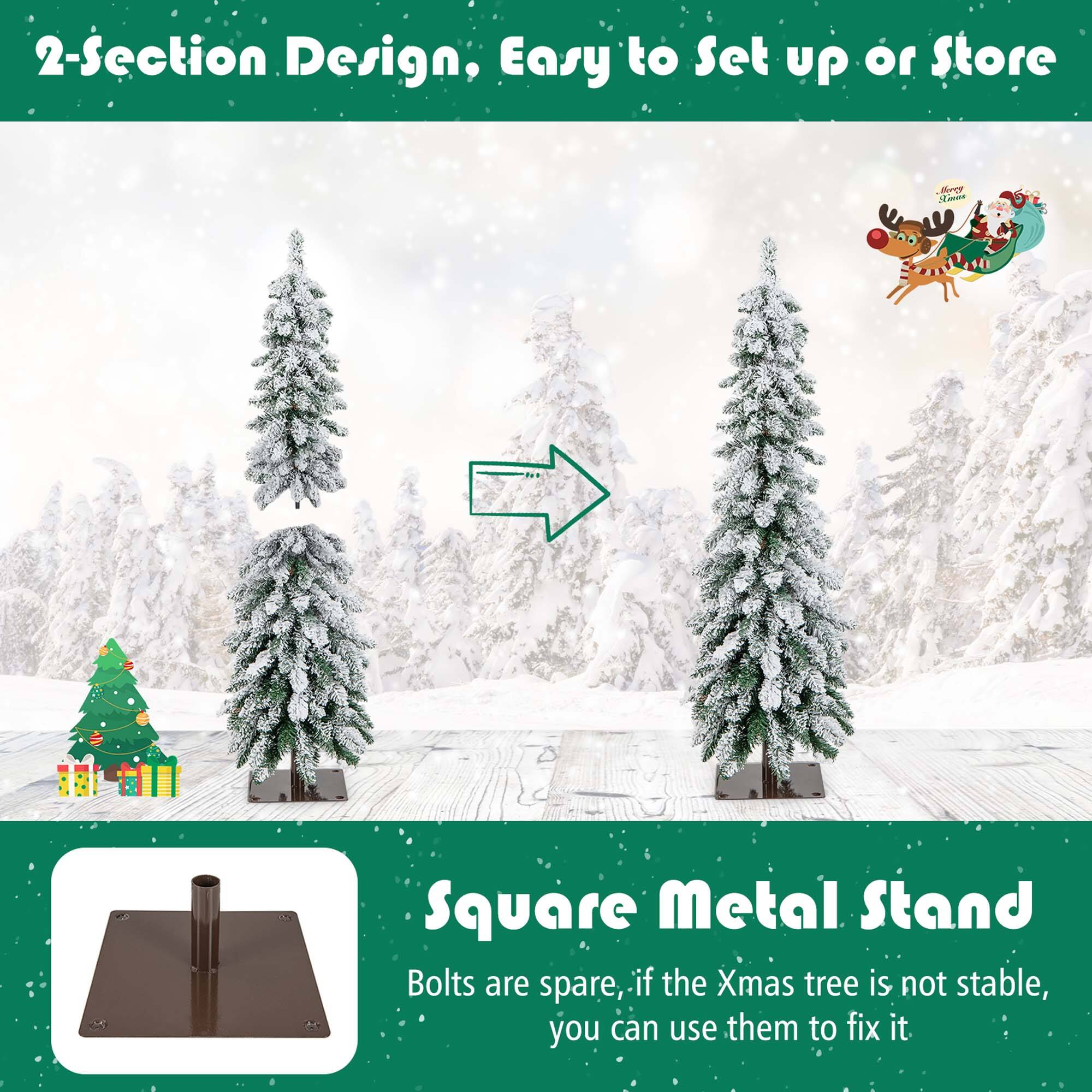 The image features a festive scene with two Christmas trees, one on the left and the other on the right. The trees are placed on a Square Metal Stand, which is designed for easy setup and storage. The stand is accompanied by a spare set of bolts, which can be used to secure the trees if they are not stable. This design allows for a convenient and hassle-free Christmas tree display.