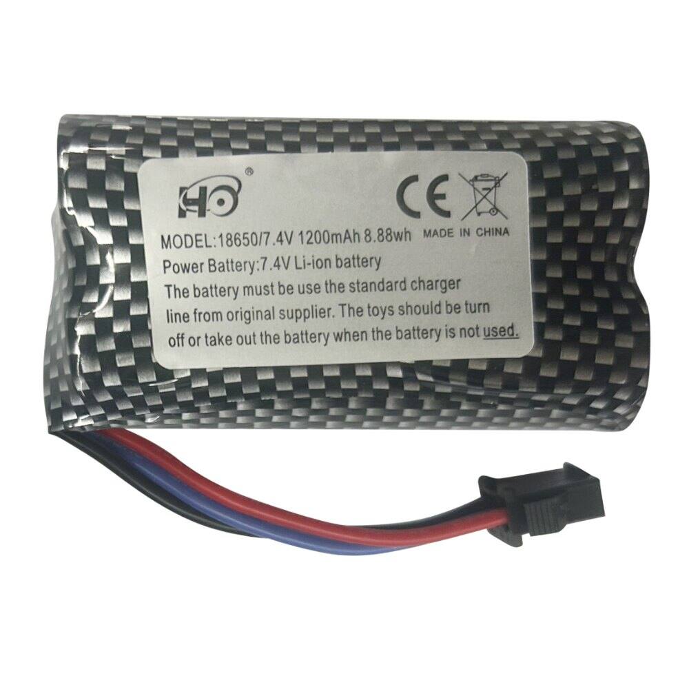MODEL: 18650/7  
4V 1200mAh  
8.88Wh  
MADE IN CHINA  

Power Battery: 7.4V Li-ion battery  

The battery must be used with the standard charger.  
The toys should be turned off or the battery taken out when not in use.