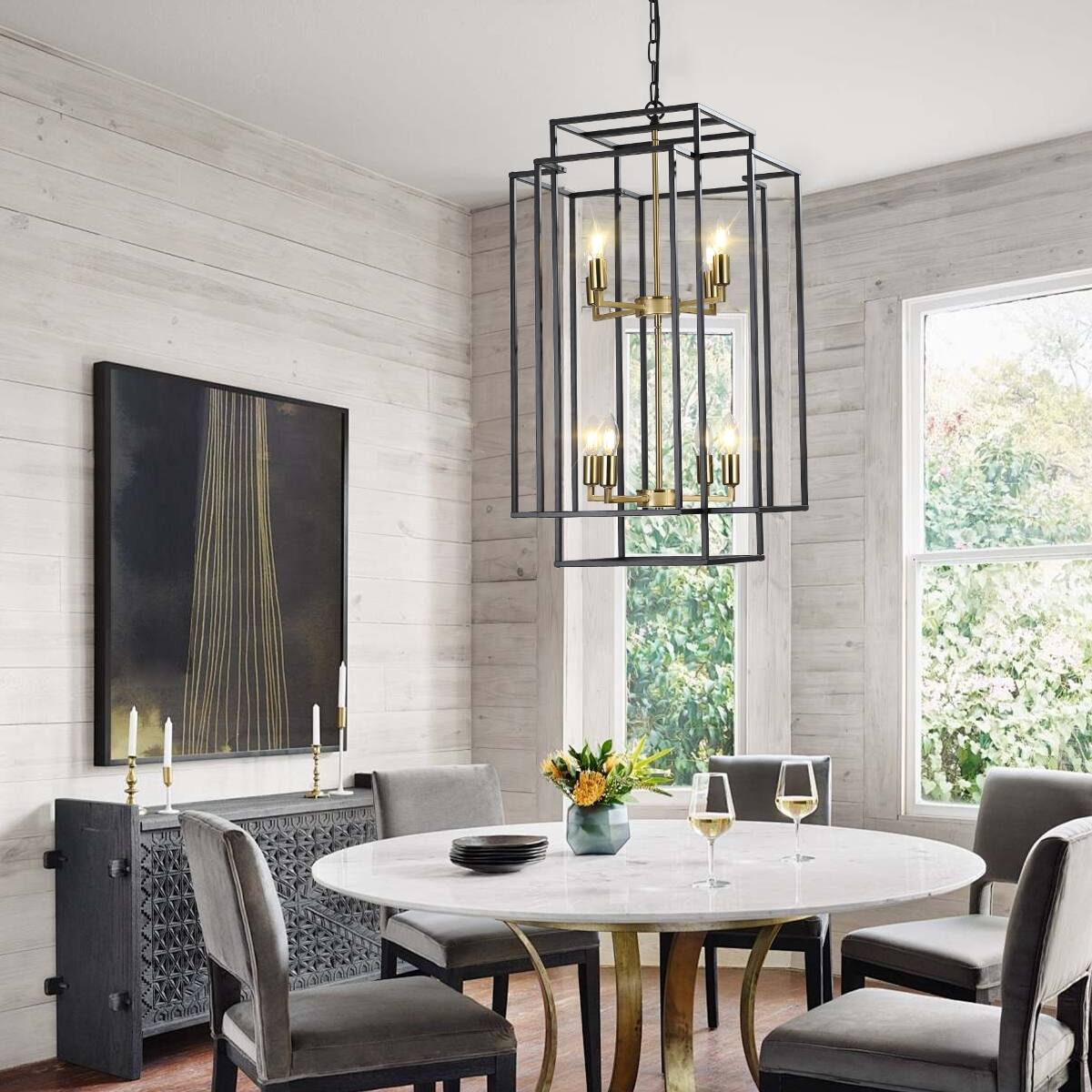 Alt View 2. Loheer - Loheer 18 Inch Modern Eight Light Chandelier Black Gold Geometric Pendant for Dining Room Kitchen.