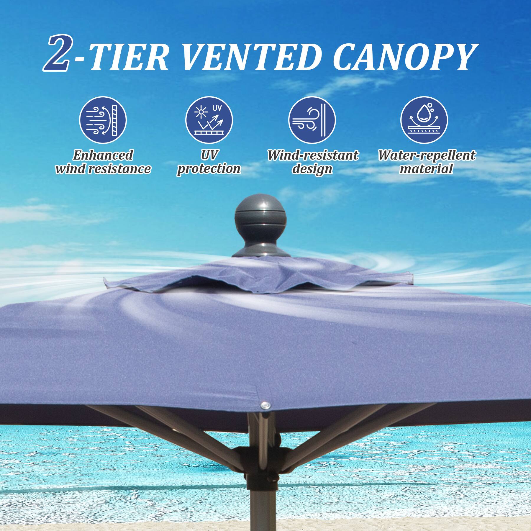 2-TIER VENTED CANOPY

- Enhanced wind resistance
- UV protection
- Wind-resistant design
- Water-repellent material