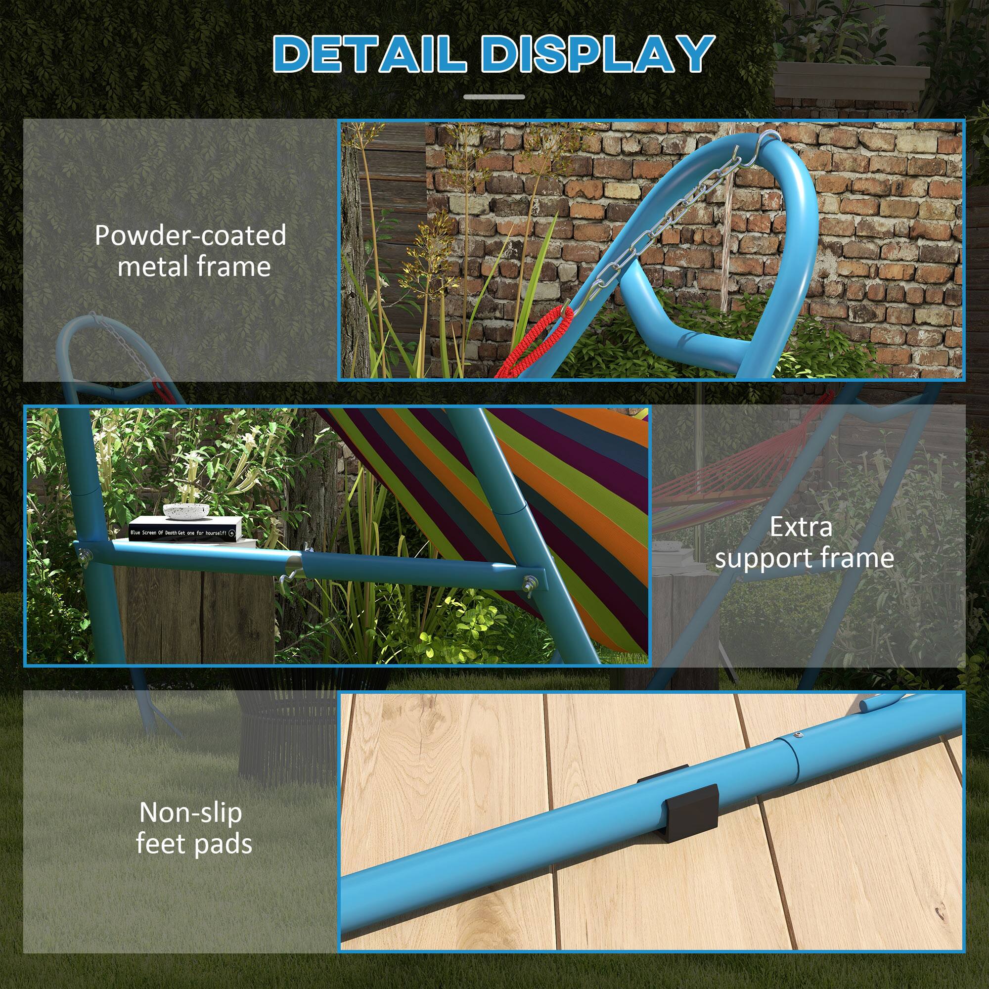 The text in the image can be grouped and corrected as follows:

- Powder-coated metal frame
- Extra support frame
- Non-slip feet pads