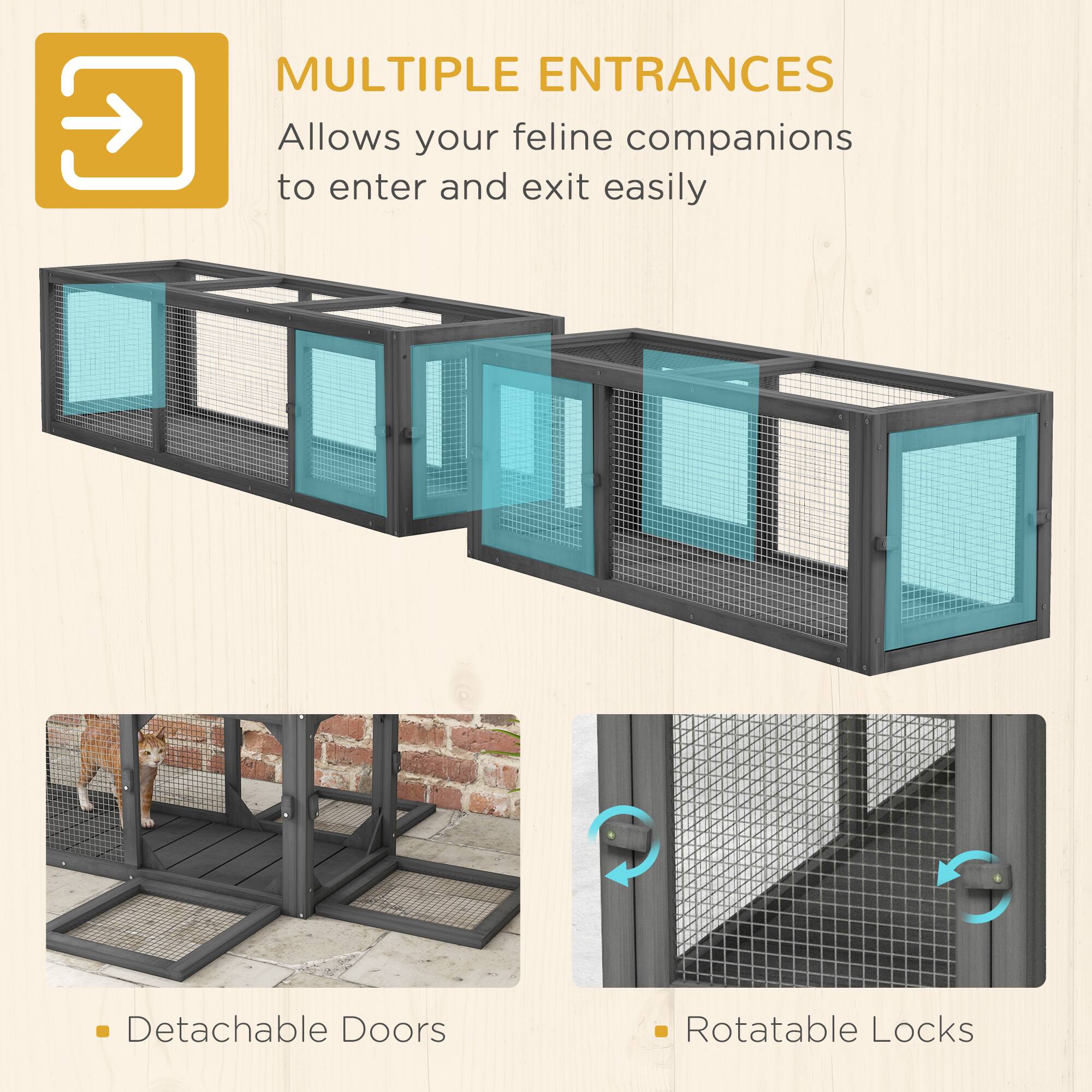 MULTIPLE ENTRANCES  
Allows your feline companions to enter and exit easily  

- Detachable Doors  
- Rotatable Locks