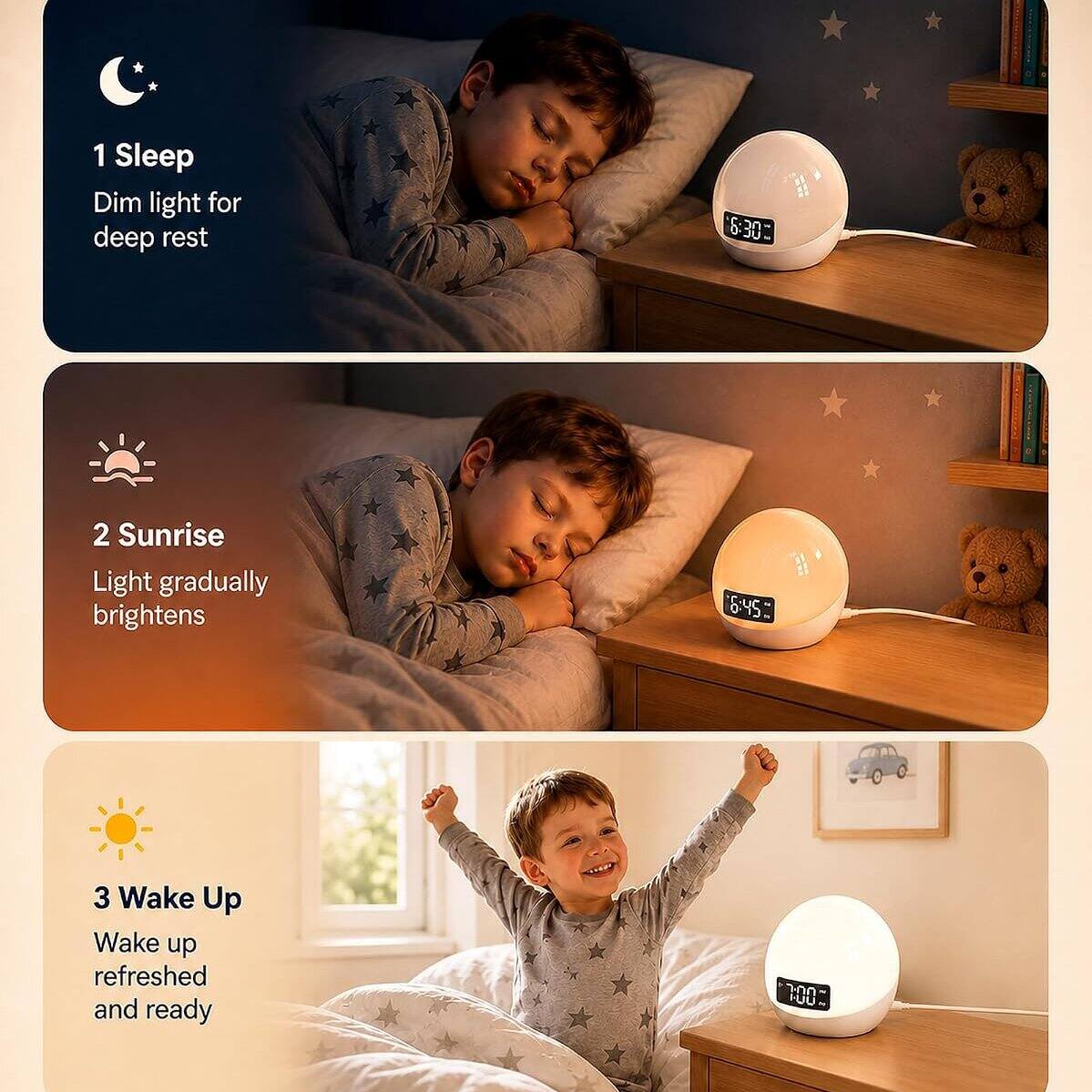 1 Sleep Dim light for deep rest
6:30
2 Sunrise Light gradually brightens
6:45
3 Wake Up Wake up refreshed and ready
7:00