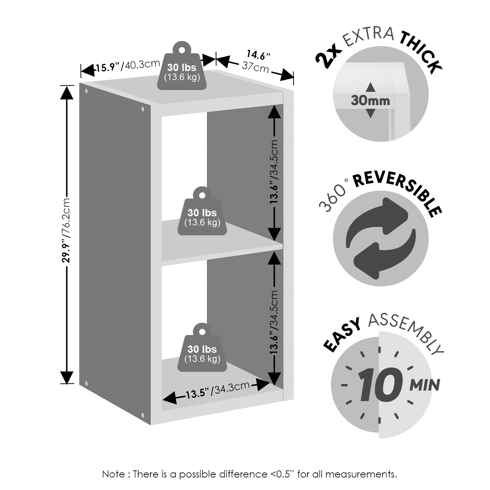14.6" / 37cm  
15.9" / 40.3cm  
13.6" / 34.5cm  
13.5" / 34.3cm  
29.9" / 76.2cm  

30 lbs (13.6 kg)  

2x EXTRA THICK 30mm  
360° REVERSIBLE  
EASY ASSEMBLY 10 MIN  

Note: There is a possible difference <0.5" for all measurements.