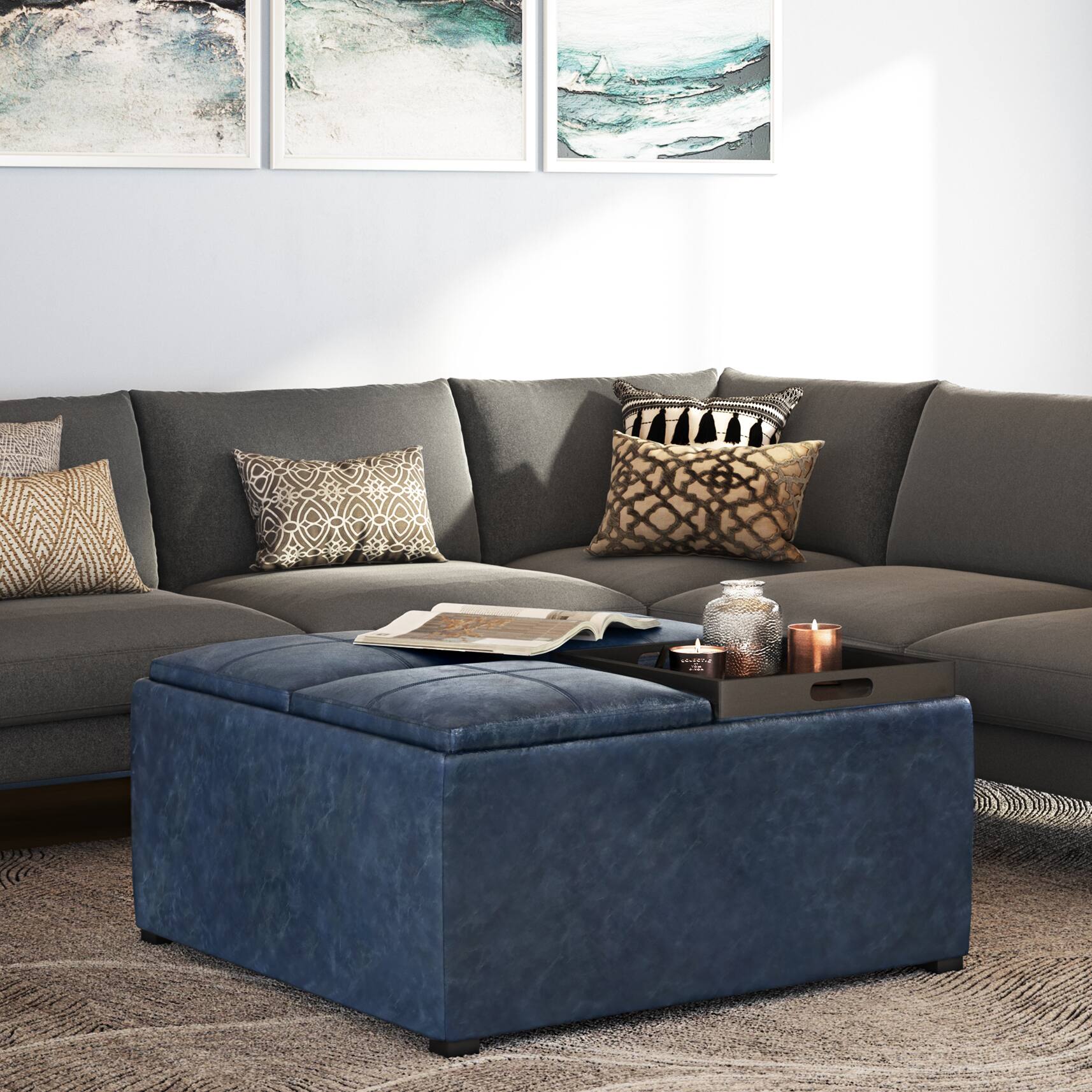 Left. Simpli Home - Avalon Square Coffee Table Storage Ottoman - Denim Blue.