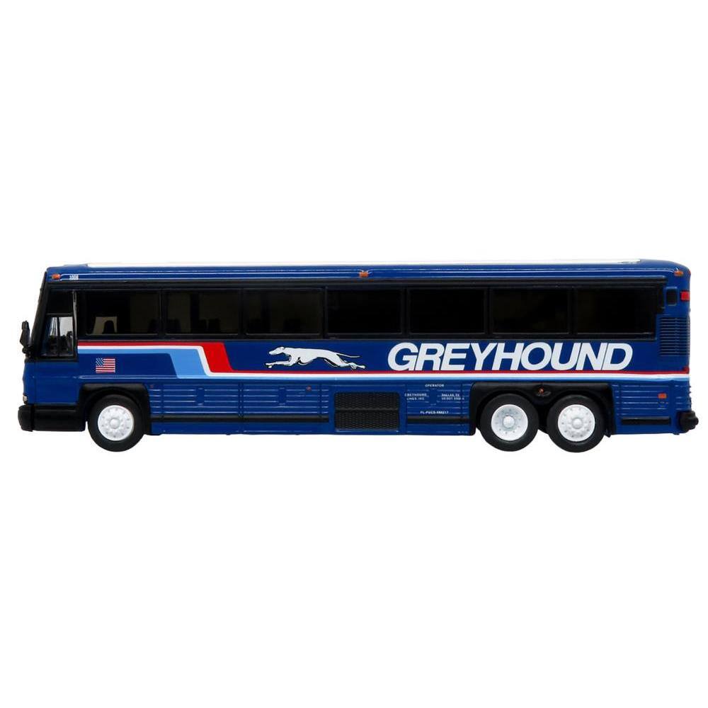Angle. Iconic Replicas - 2001 MCI D4000 Coach Bus Greyhound Blue Stripes Vintage Bus & Motorcoach Collection Limited Edition 1/87 HO - Blue.