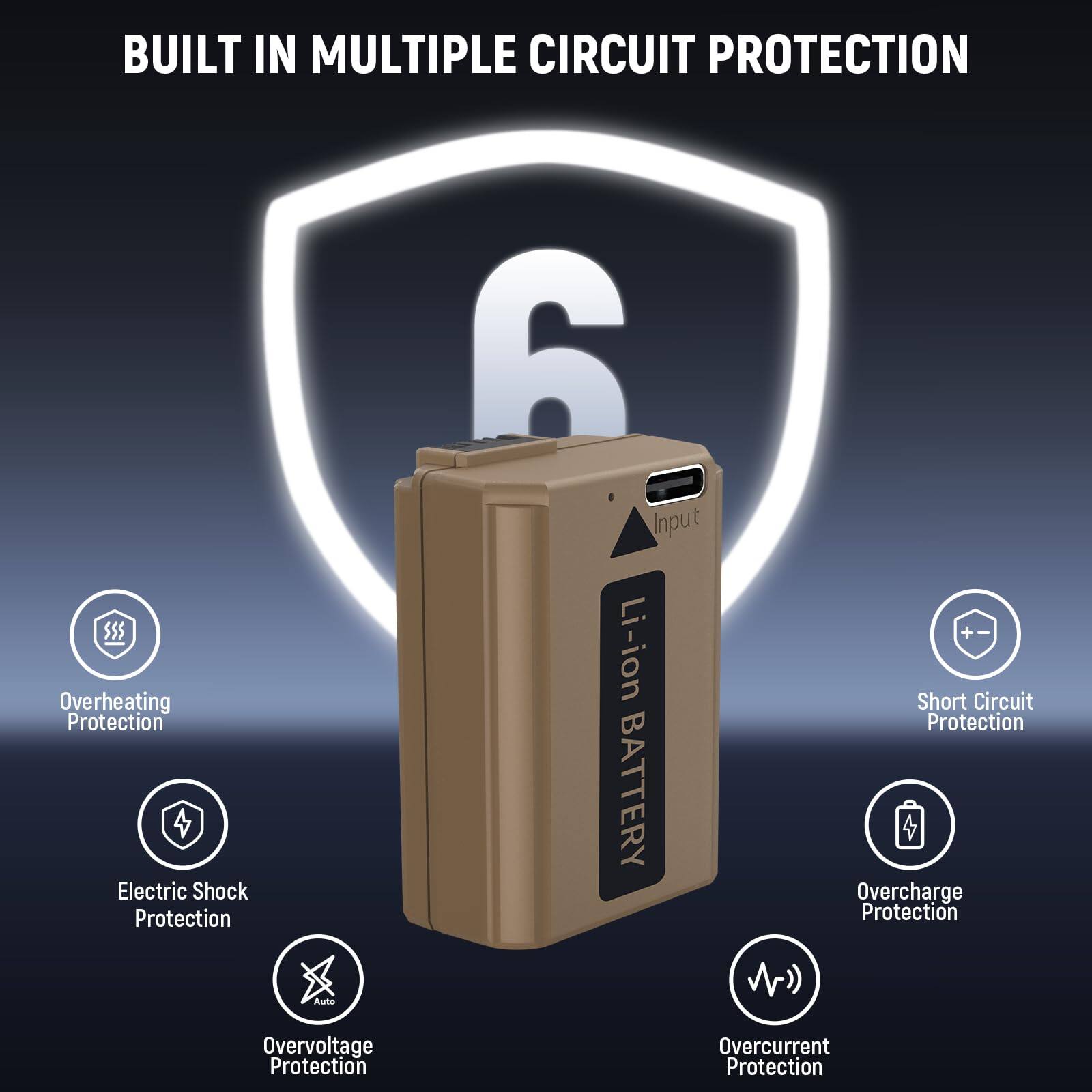 BUILT IN MULTIPLE CIRCUIT PROTECTION

- Overheating Protection
- Electric Shock Protection
- Overvoltage Protection
- Short Circuit Protection
- Overcharge Protection
- Overcurrent Protection

6 Input Li-ion BATTERY