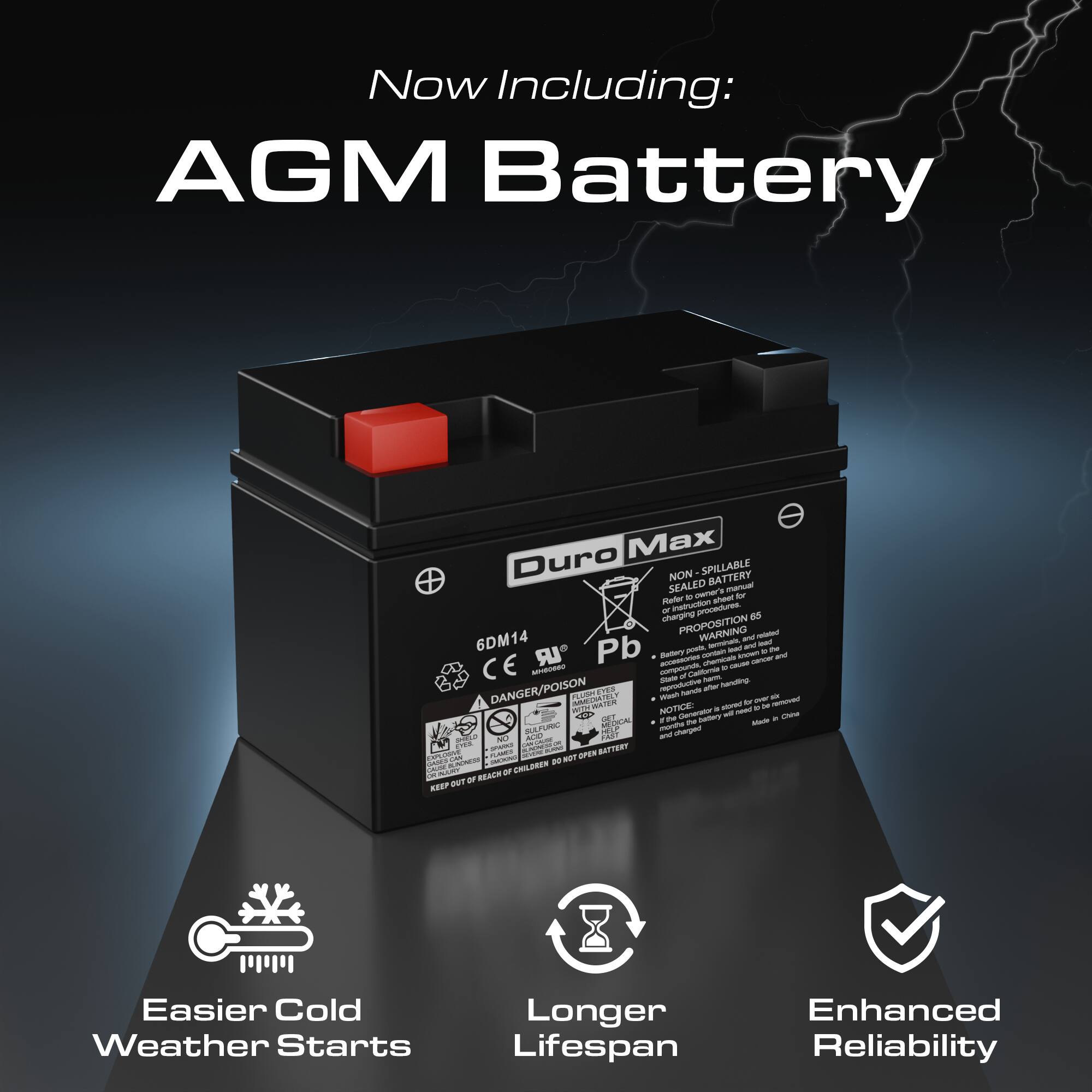 Now Including: AGM Battery Max Duro NON SPILLABLE BATTERY SEALED - - Raer - - - - inruct procedures charging e PROPOSITION WARNING - 6DM14 - - Pb - - - - - -Y - Armum - CE *LR - -thigt - - - - compourde - - Calbrme - - neotdin DANGER/POISON -productve Narum untar CAENN -AA - - ON NOTICE - du - - - - - .  - -o - - - - - - PAN sherged - Na Fd - - -Am adidan - BAFTEST LMES mat aren - - ..- - - - RAGR BEEP eVT Easier Cold Weather Starts Longer Lifespan Enhanced Reliability
