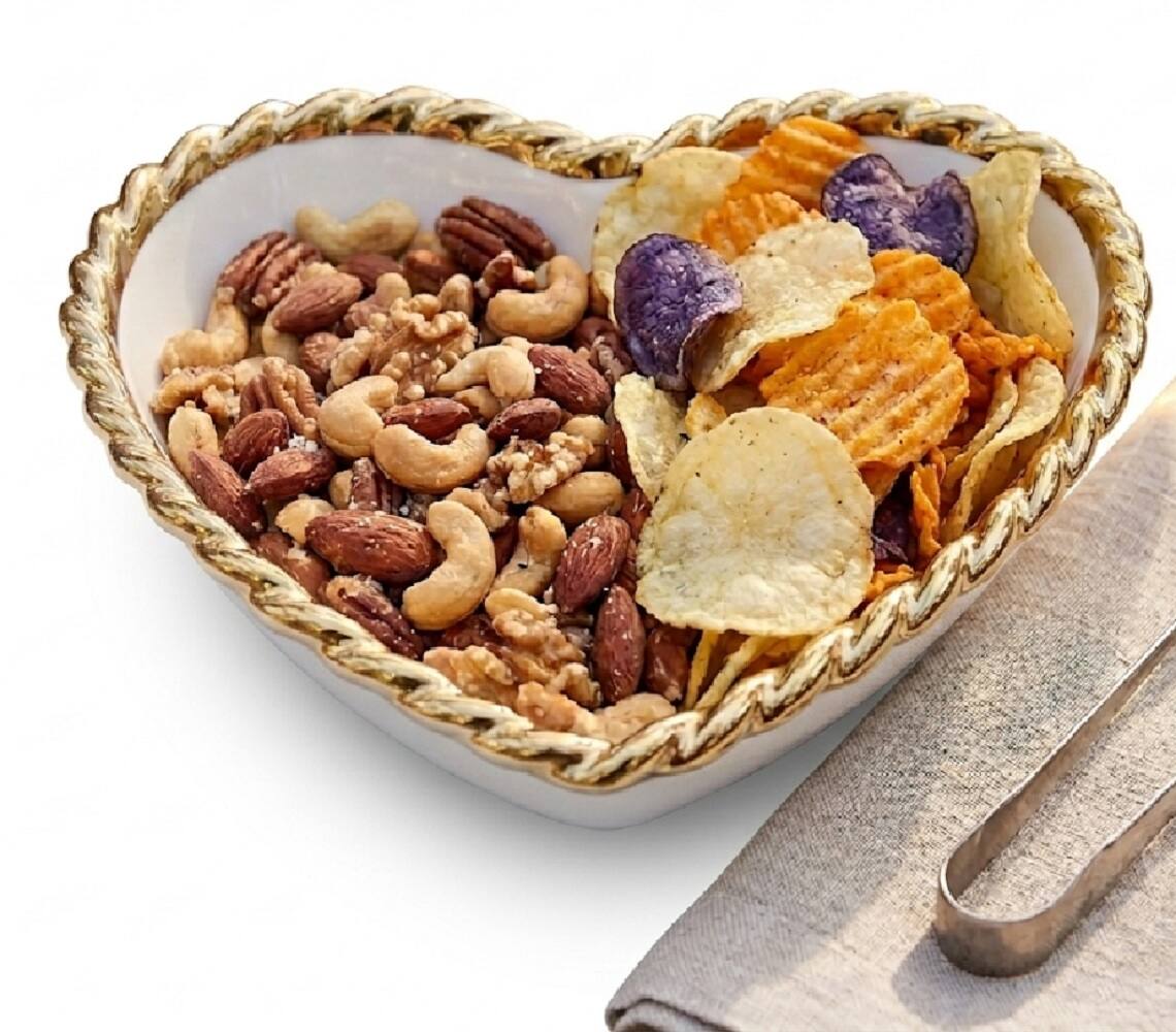 Left. Jiallo - 5.75" Luxury Heart-Shaped Porcelain Snack & Candy Bowl with Gold Trim - White & Gold.