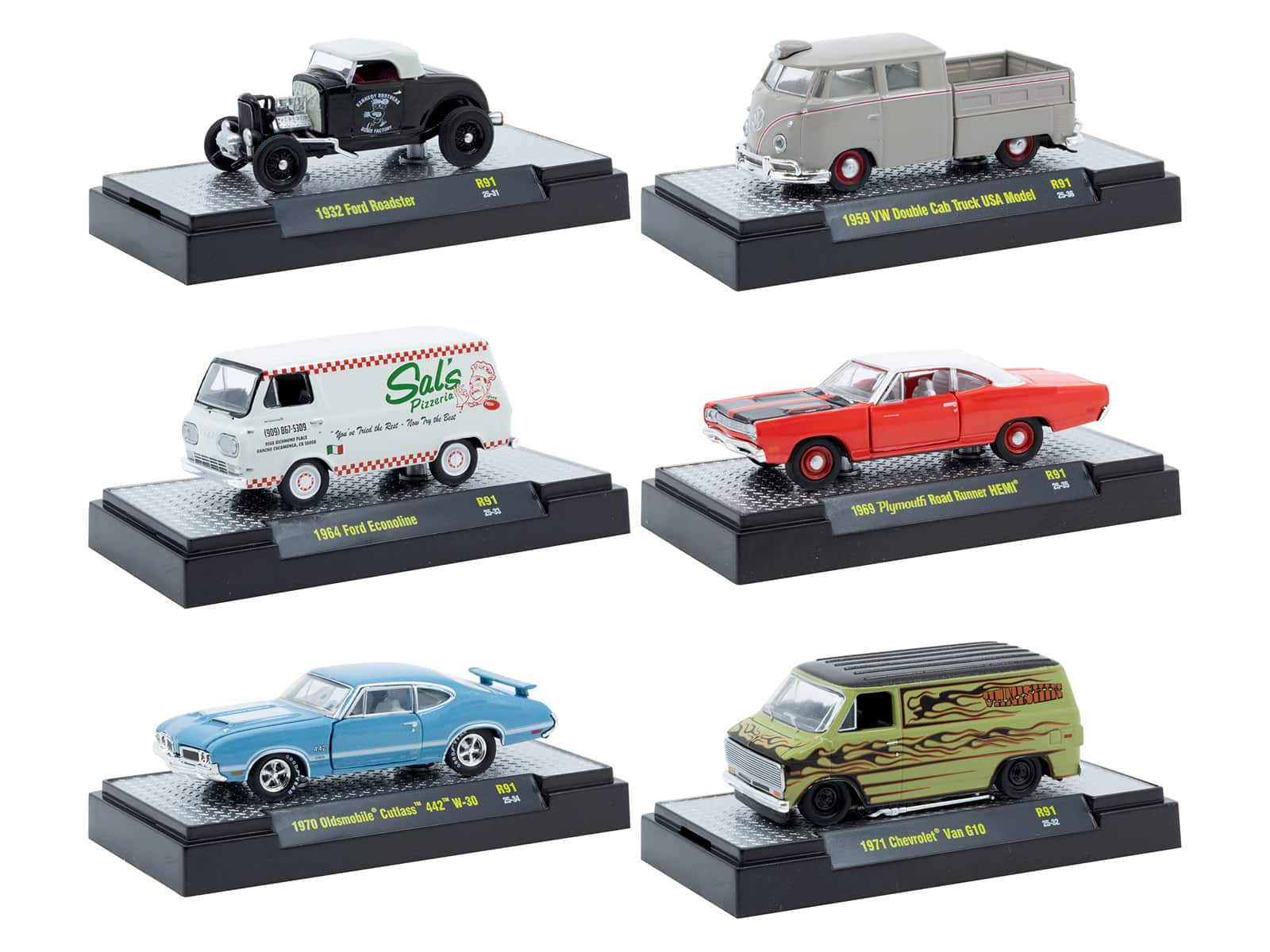 "Auto Meets" Set of 6 Cars IN DISPLAY CASES Release 91 Limited Edition 1/64 Diecast Model Cars by M2 Machines - Multicolor