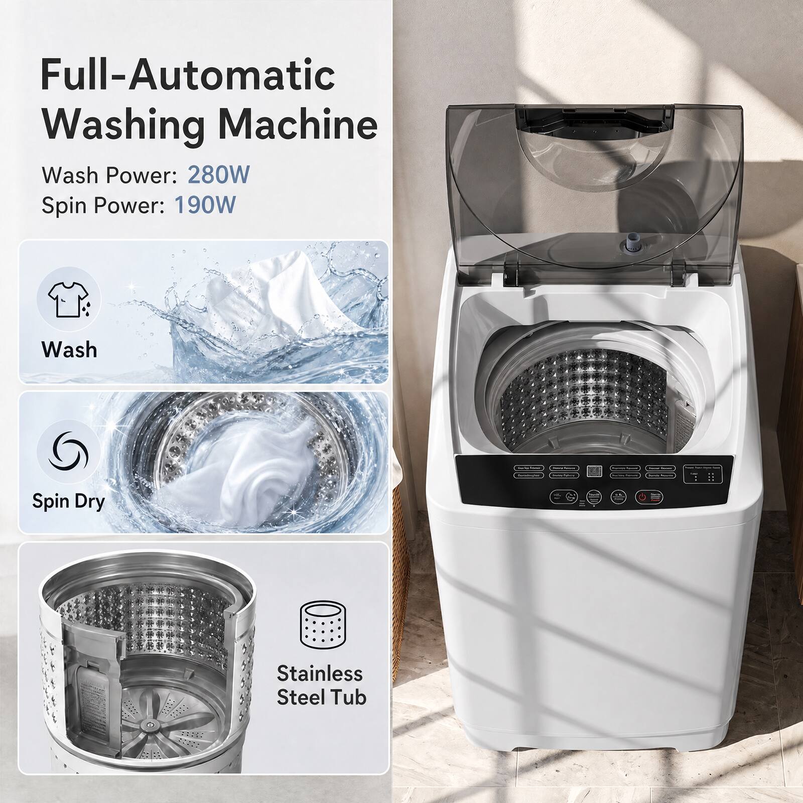 Full-Automatic Washing Machine  
Wash Power: 280W  
Spin Power: 190W  

- Wash  
- Spin Dry  
- Stainless Steel Tub