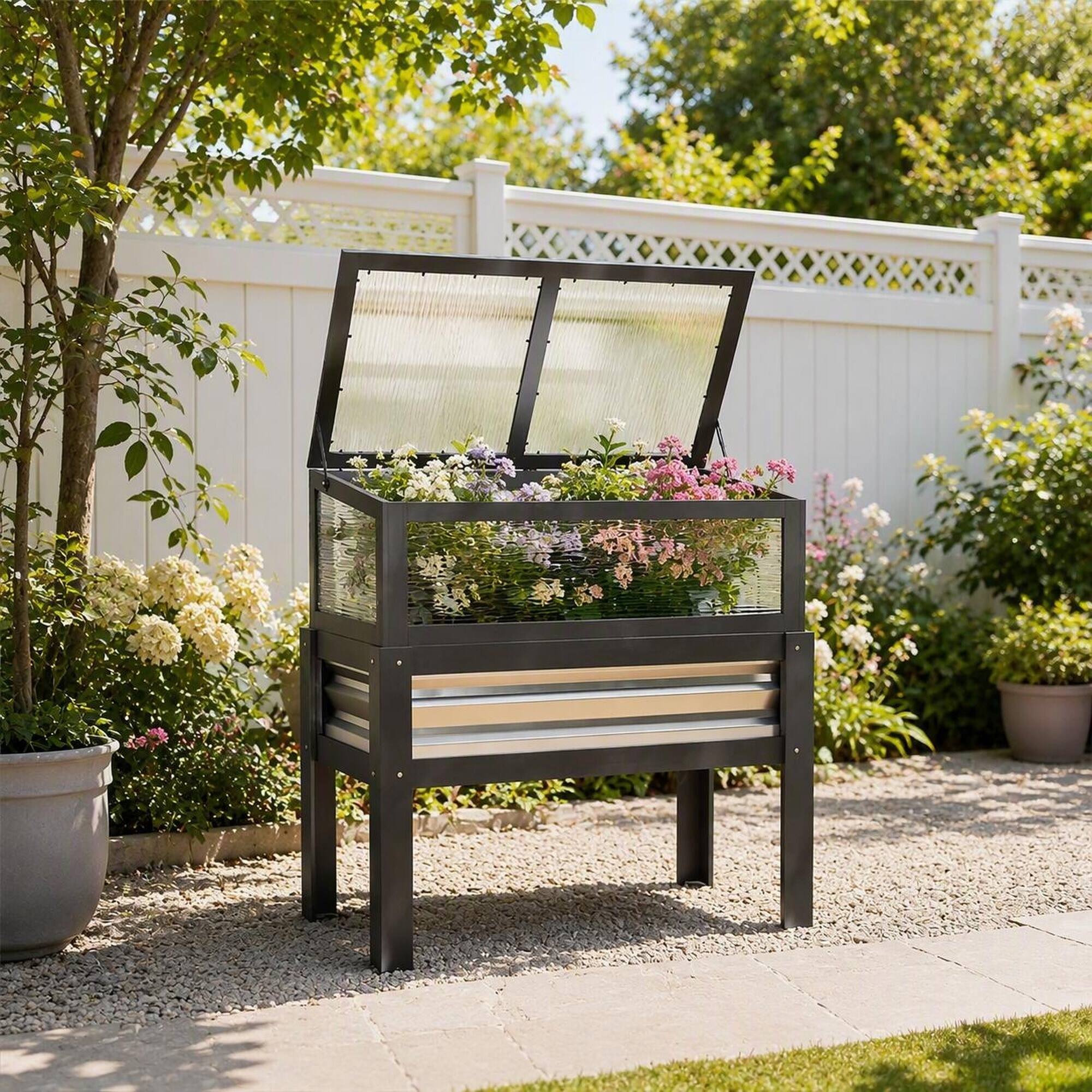 Back. RYHNUYNE - Raised Garden Bed with Flip-Up Cold Frame, Gray Fir Wood Elevated Planter Box for Patio and Yard, 35.4 Inch Wide - Gray.