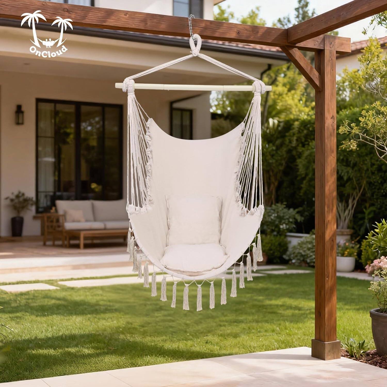 Alt View 7. Winado - Hanging Rope Swing Hammock Chair Macrame Hammock Swing Seat w/ 2 Cushions, Steel Spreader Bar, Tassels for In/Outdoor - Beige.